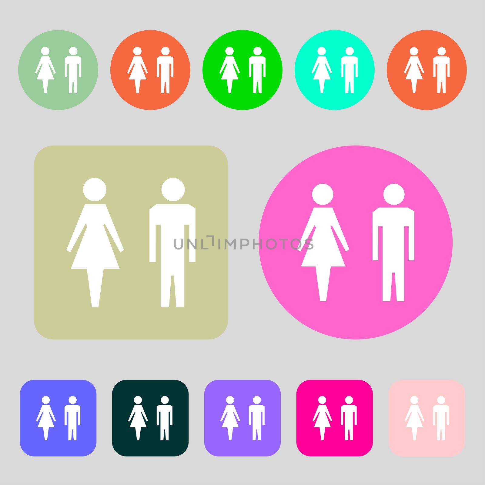 WC sign icon. Toilet symbol. Male and Female toilet. 12 colored buttons. Flat design.  by serhii_lohvyniuk