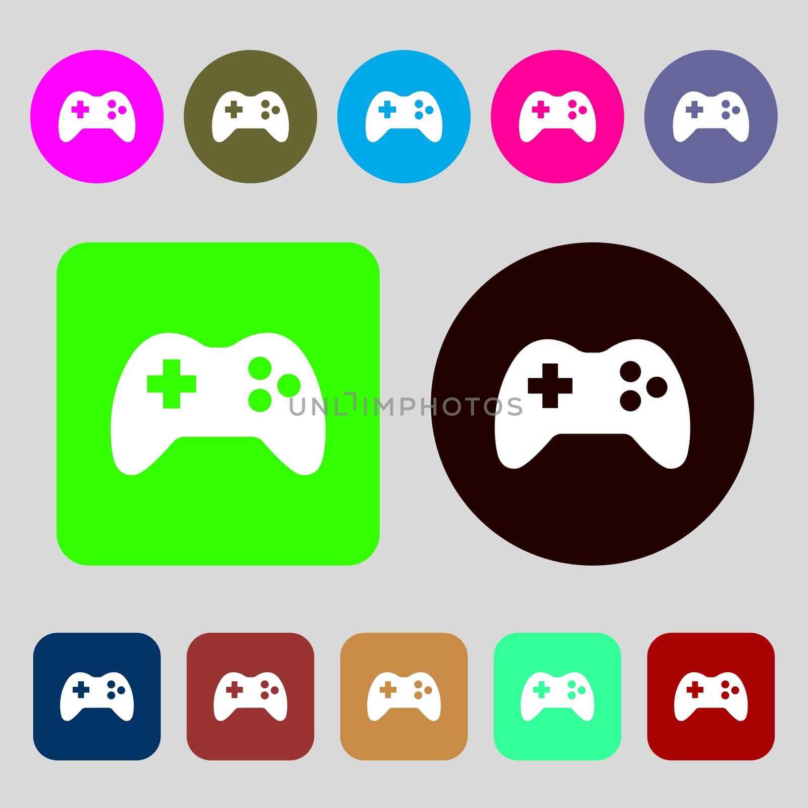 Joystick sign icon. Video game symbol. 12 colored buttons. Flat design.  by serhii_lohvyniuk