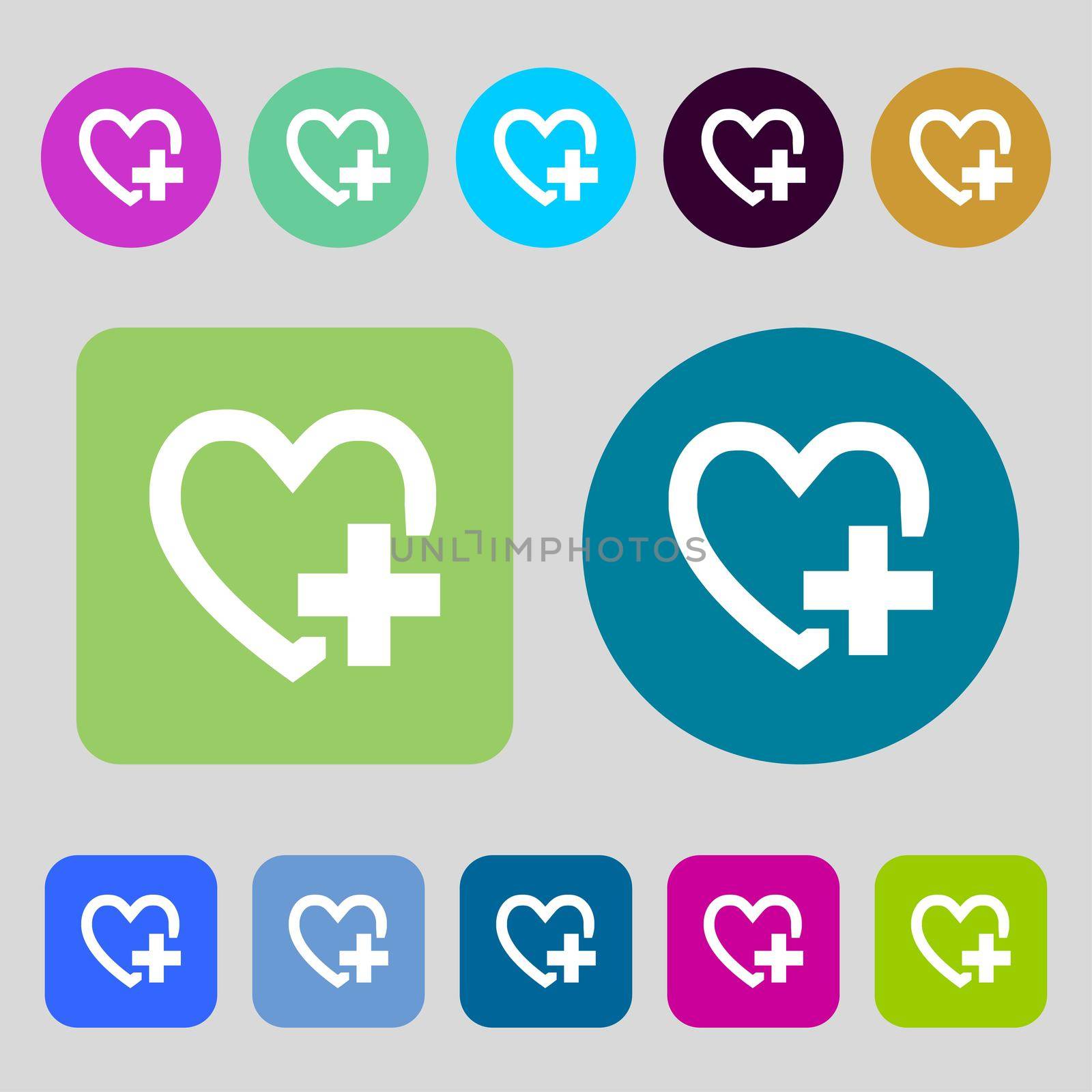 Heart sign icon. Love symbol.12 colored buttons. Flat design. illustration