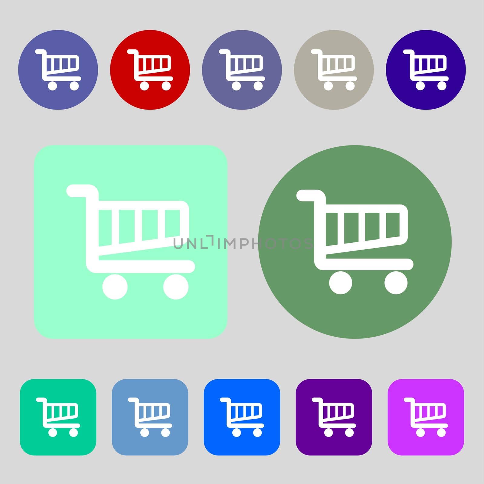 Shopping Cart sign icon. Online buying button. 12 colored buttons. Flat design.  by serhii_lohvyniuk