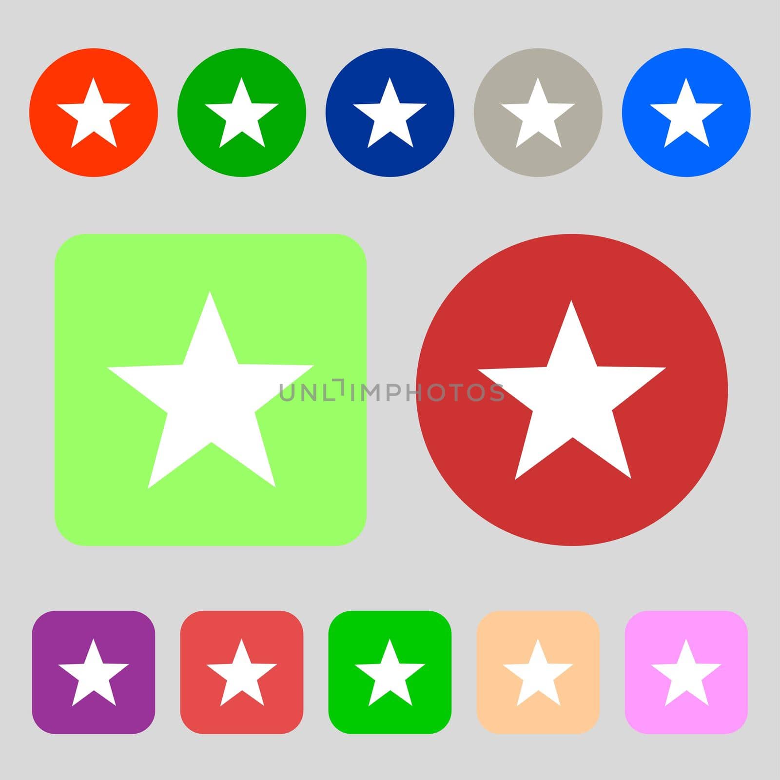 Star sign icon. Favorite button. Navigation symbol. 12 colored buttons. Flat design.  by serhii_lohvyniuk