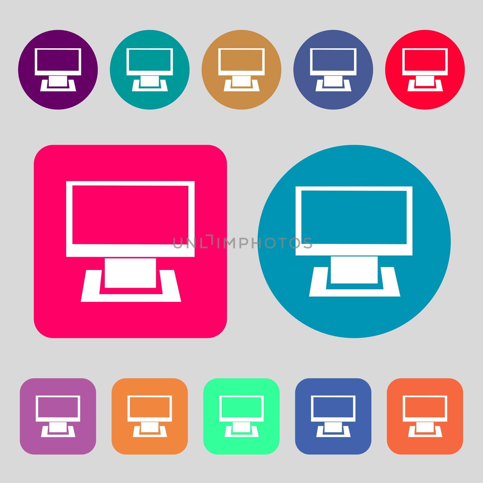 Computer widescreen monitor sign icon. 12 colored buttons. Flat design.  by serhii_lohvyniuk