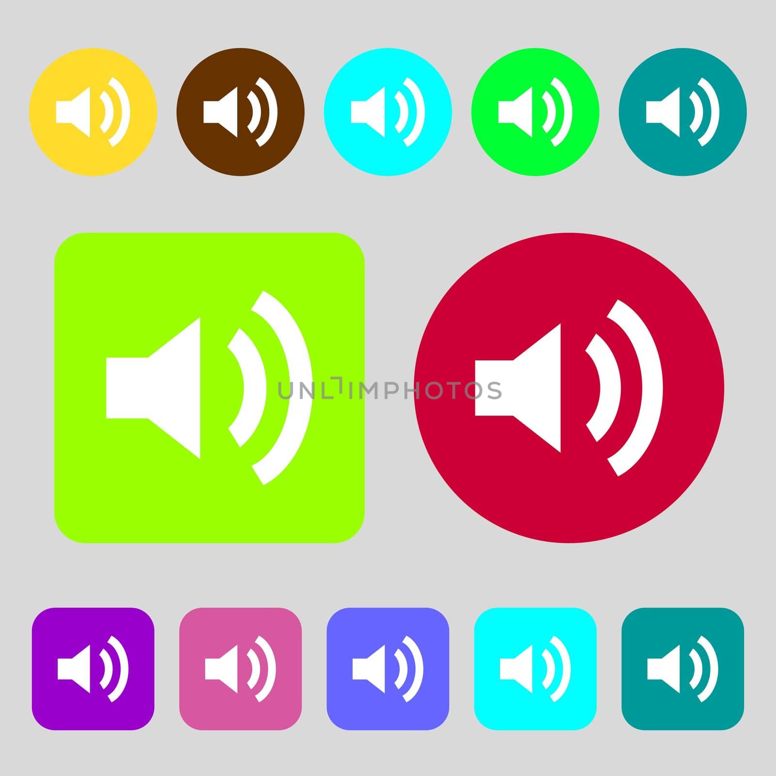 Speaker volume sign icon. Sound symbol. 12 colored buttons. Flat design.  by serhii_lohvyniuk