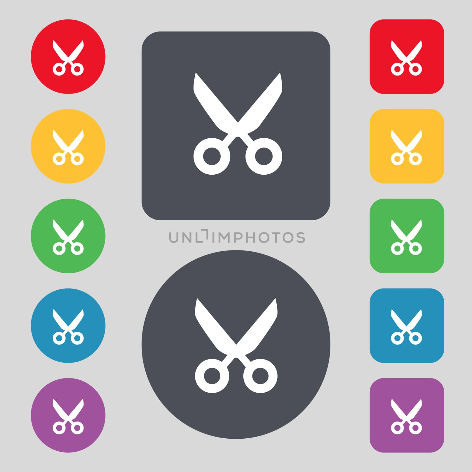 Scissors hairdresser sign icon. Tailor symbol. Set colourful buttons. illustration