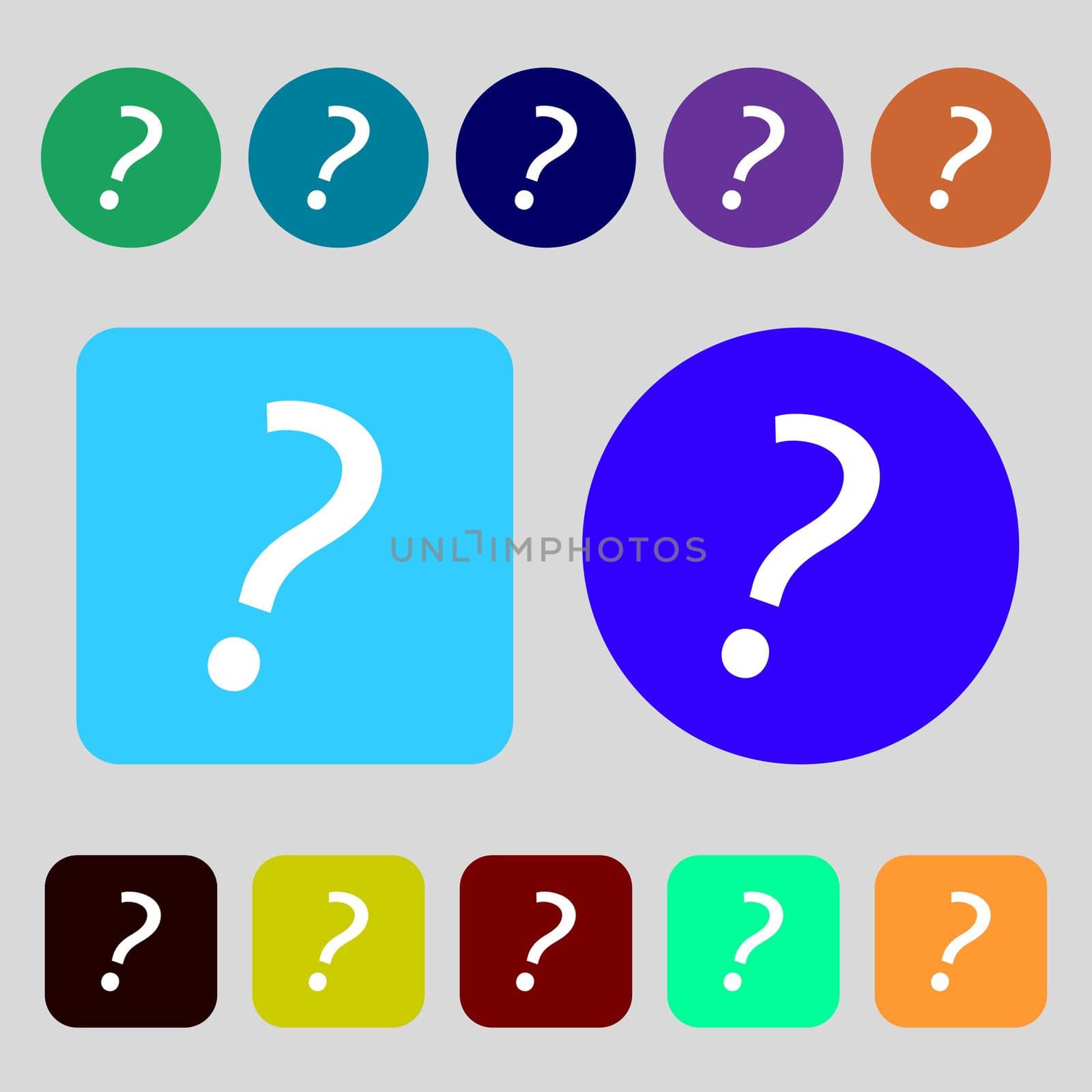 Question mark sign icon. Help symbol. FAQ sign.12 colored buttons. Flat design. illustration