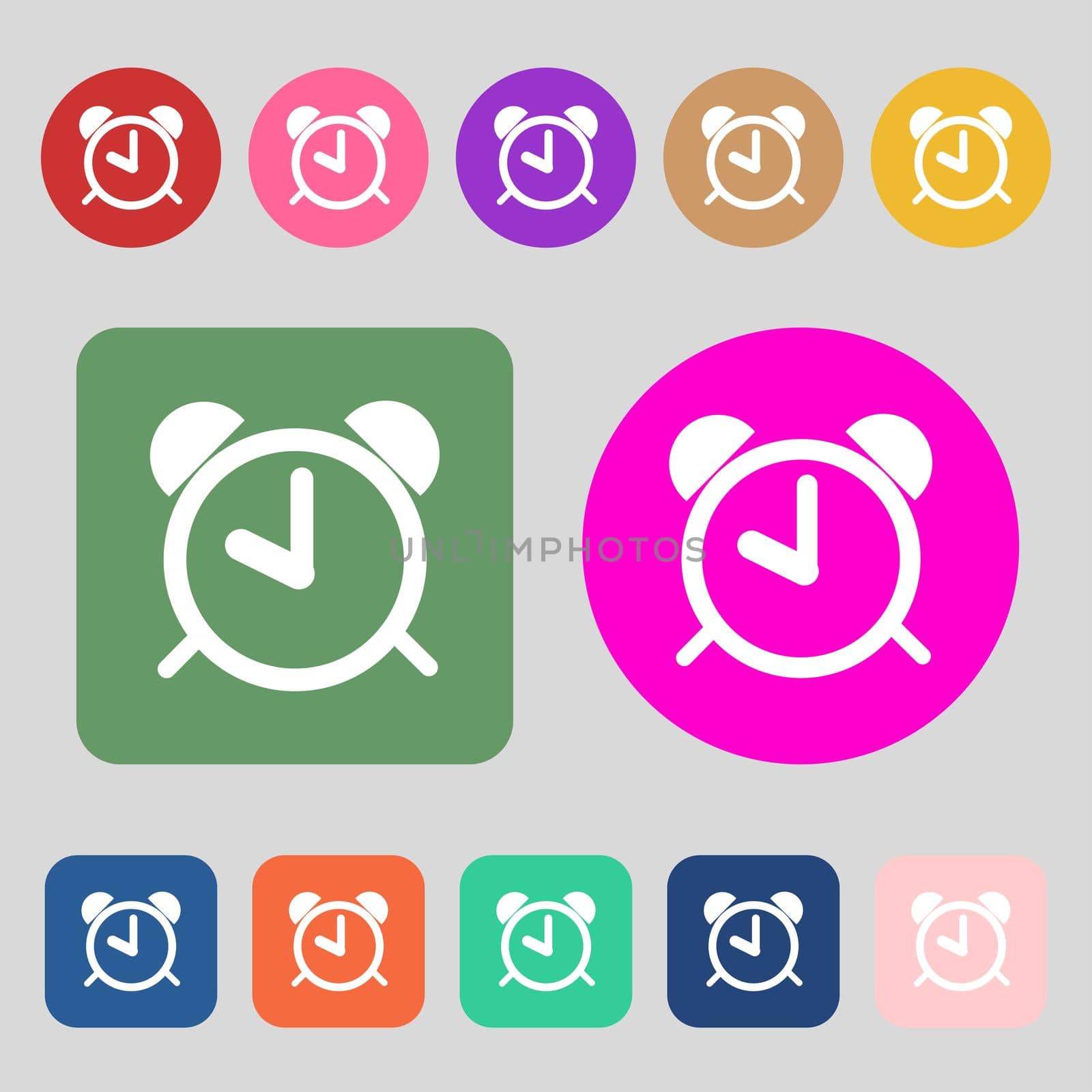 Alarm clock sign icon. Wake up alarm symbol. 12 colored buttons. Flat design.  by serhii_lohvyniuk