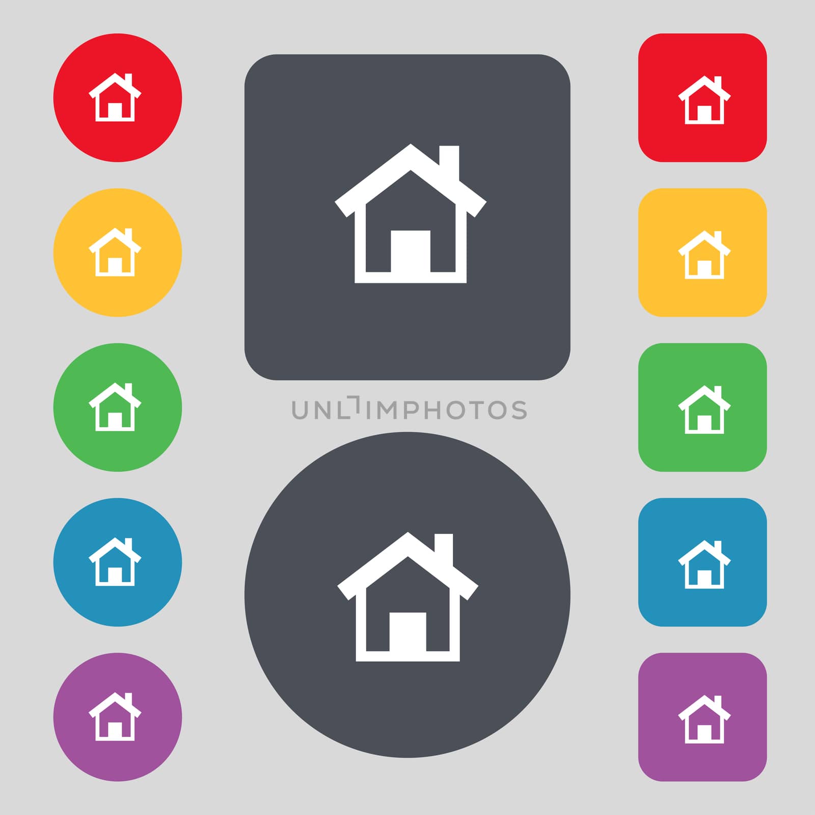 Home sign icon. Main page button. Navigation symbol.Set colourful buttons illustration