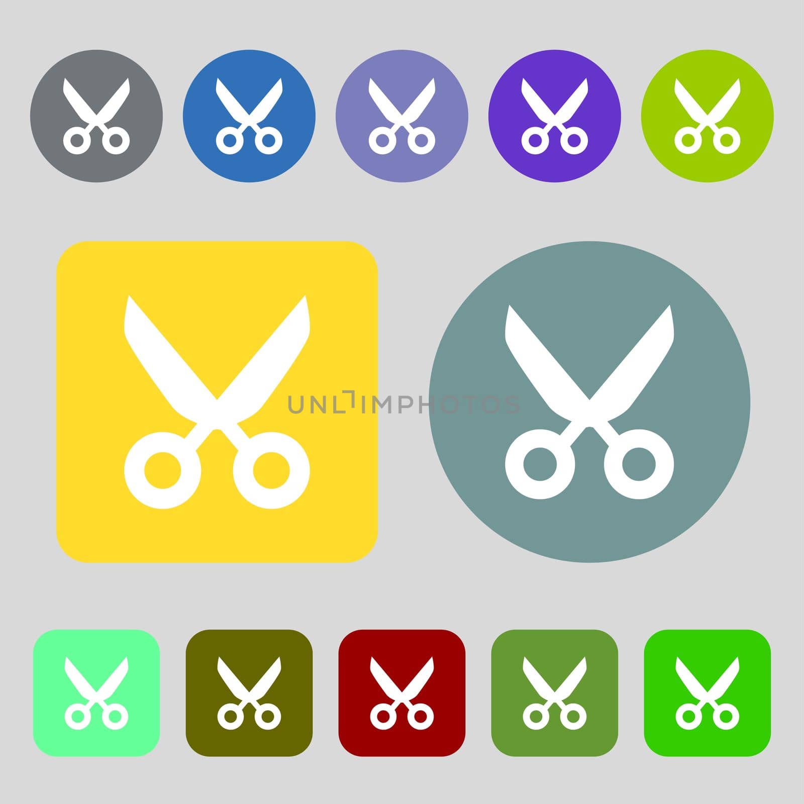 Scissors hairdresser sign icon. Tailor symbol. 12 colored buttons. Flat design.  by serhii_lohvyniuk