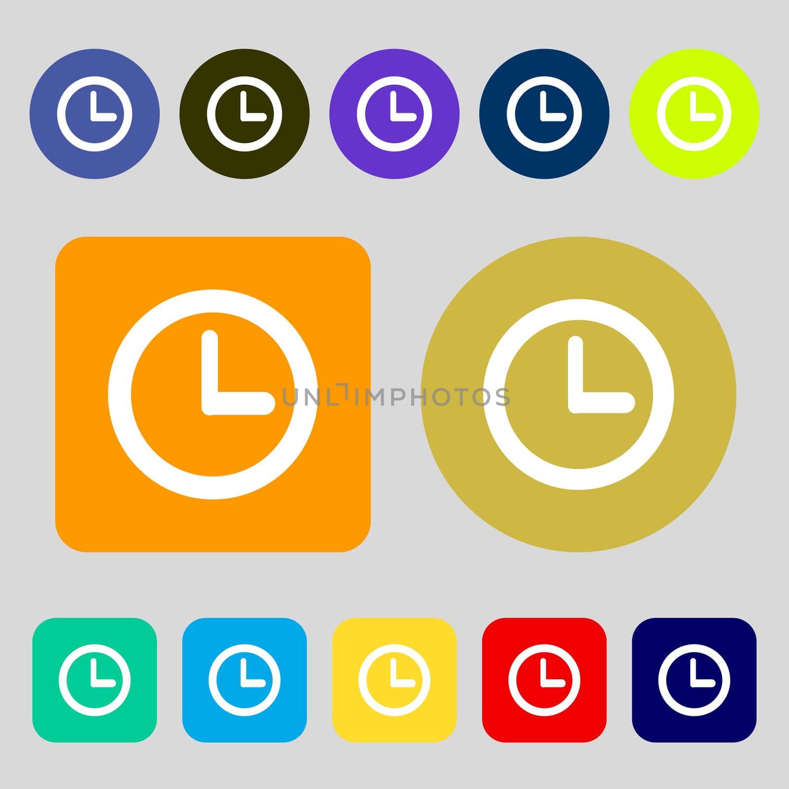 Clock sign icon. Mechanical clock symbol.12 colored buttons. Flat design. illustration