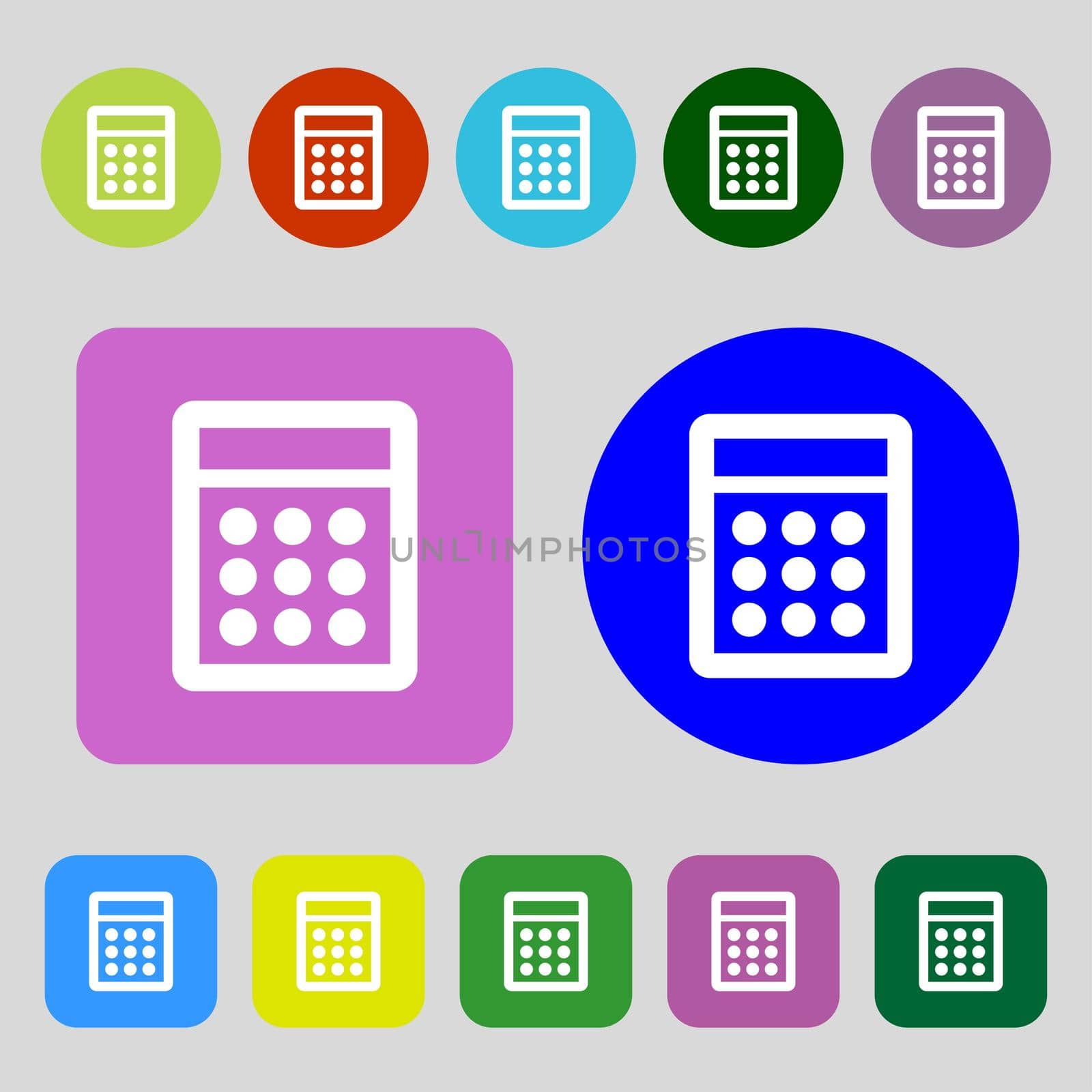 Calculator sign icon. Bookkeeping symbol.12 colored buttons. Flat design. illustration