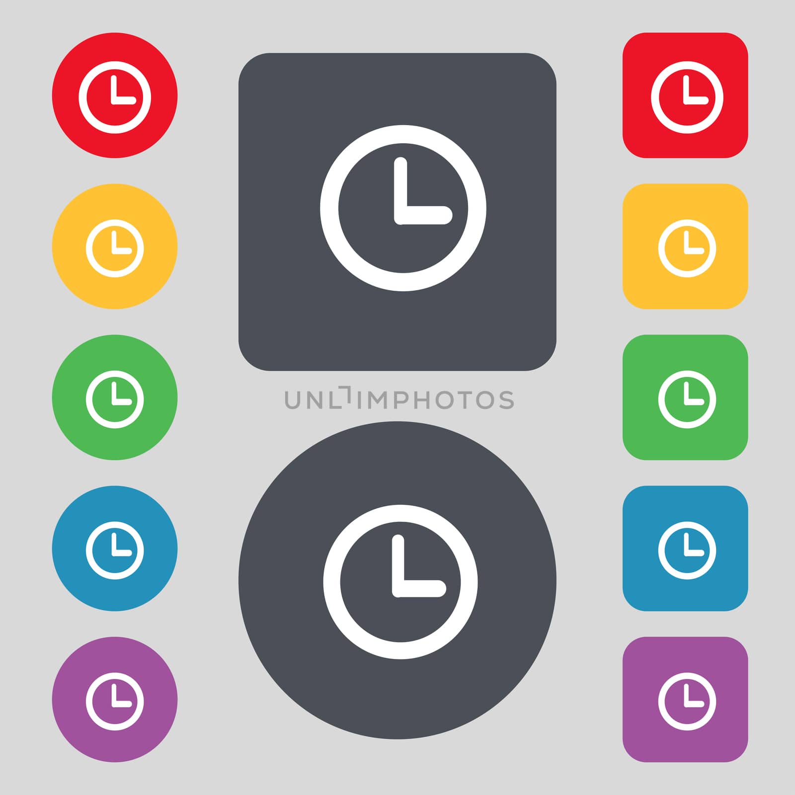 Clock sign icon. Mechanical clock symbol. Set colourful buttons. illustration