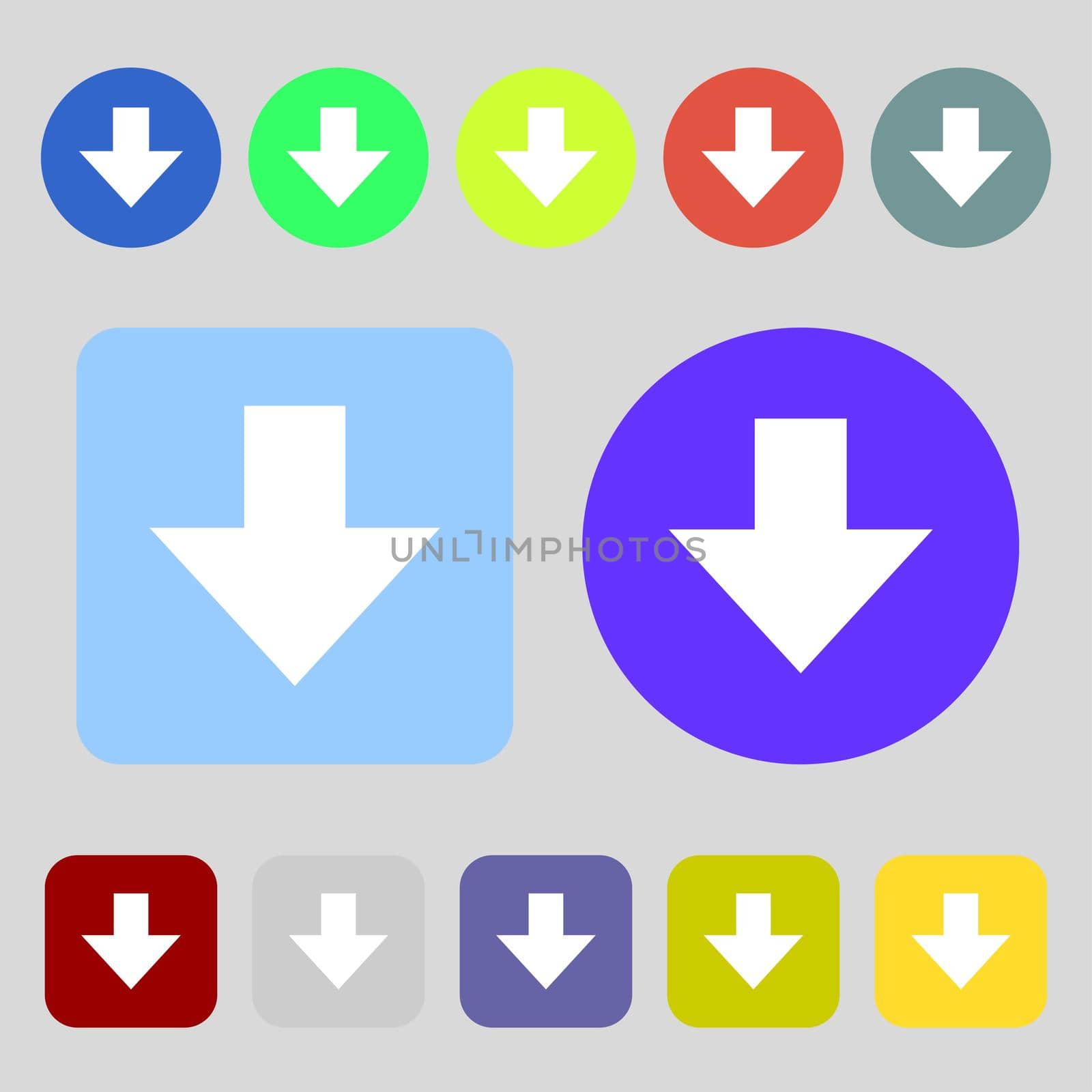 Download sign. Downloading flat icon. Load label. 12 colored buttons. Flat design.  by serhii_lohvyniuk