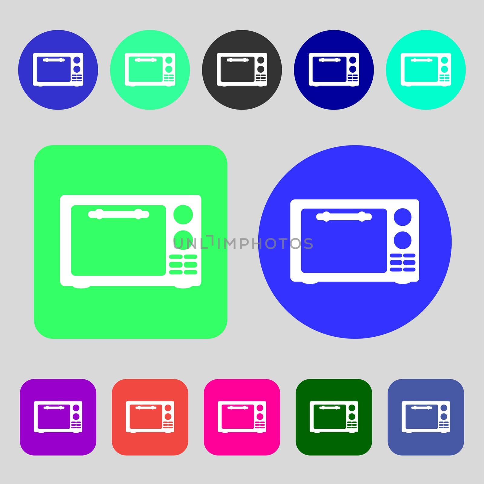 Microwave oven sign icon. Kitchen electric stove symbol.12 colored buttons. Flat design. illustration