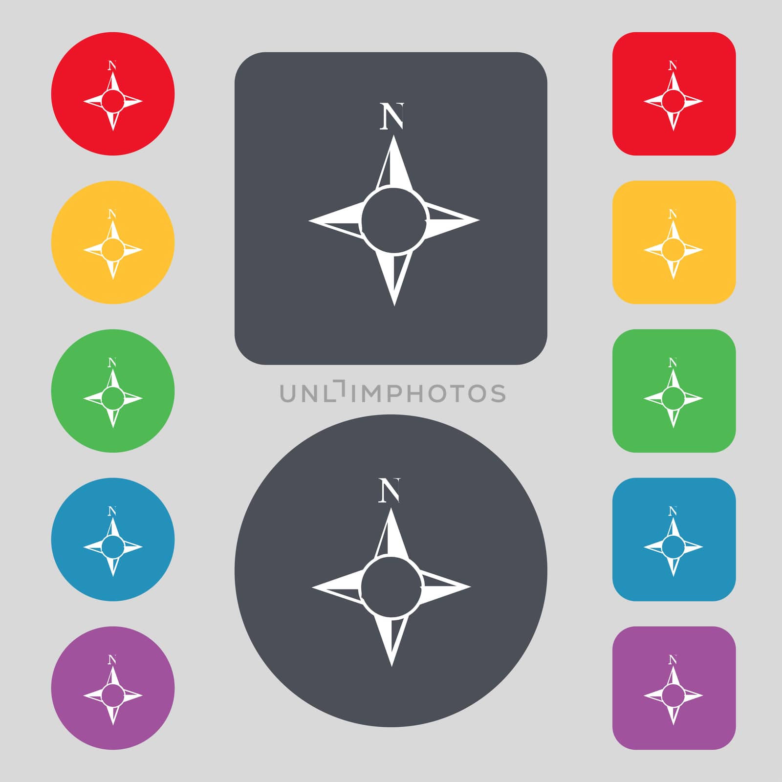 Compass sign icon. Windrose navigation symbol. Set colourful buttons.  by serhii_lohvyniuk