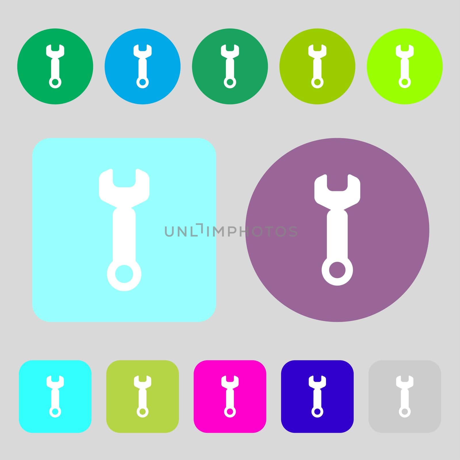 Wrench key sign icon. Service tool symbol.12 colored buttons. Flat design. illustration