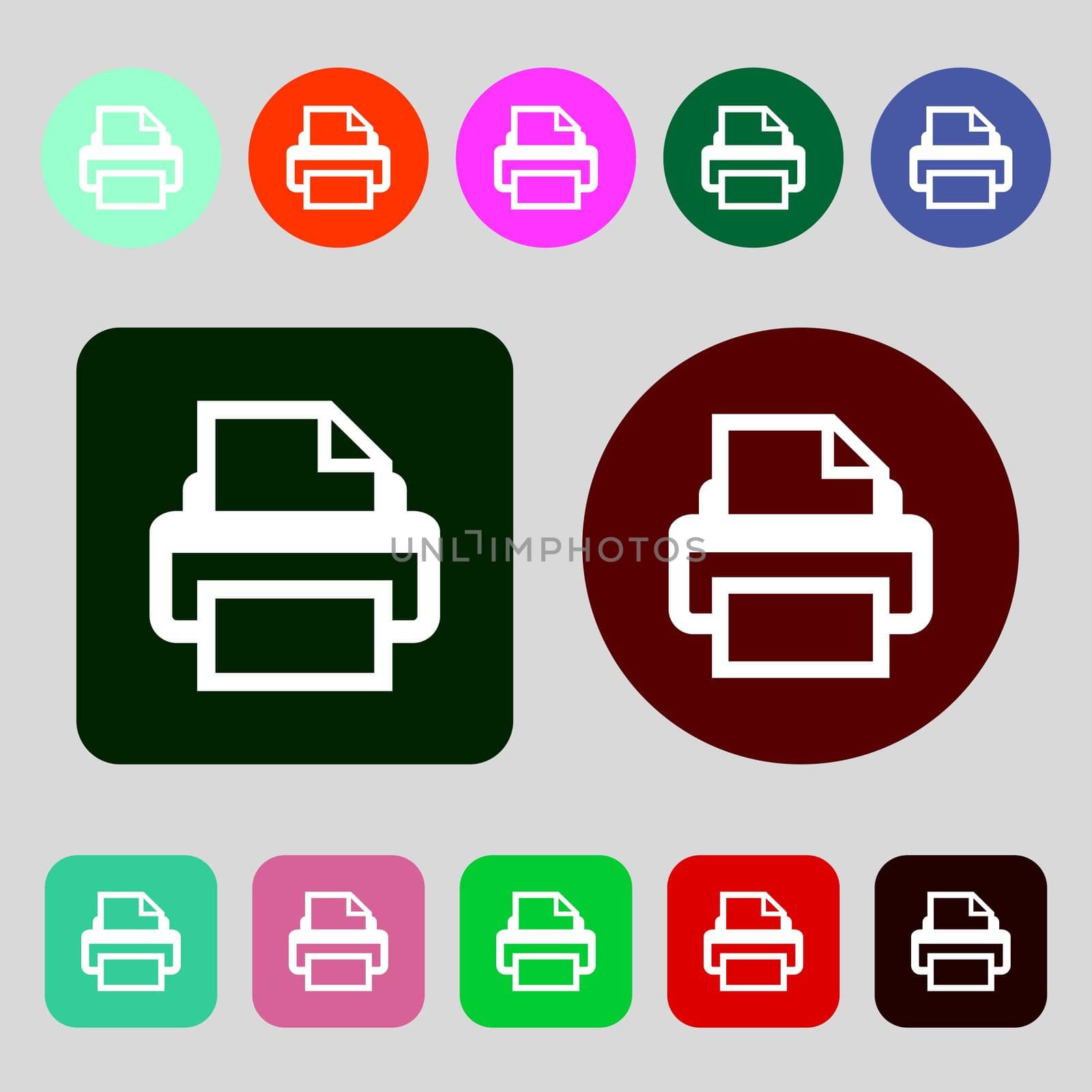 Print sign icon. Printing symbol.12 colored buttons. Flat design. illustration