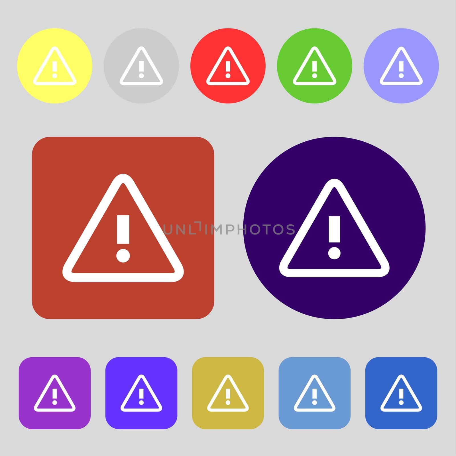 Attention caution sign icon. Exclamation mark. Hazard warning symbol.12 colored buttons. Flat design. illustration