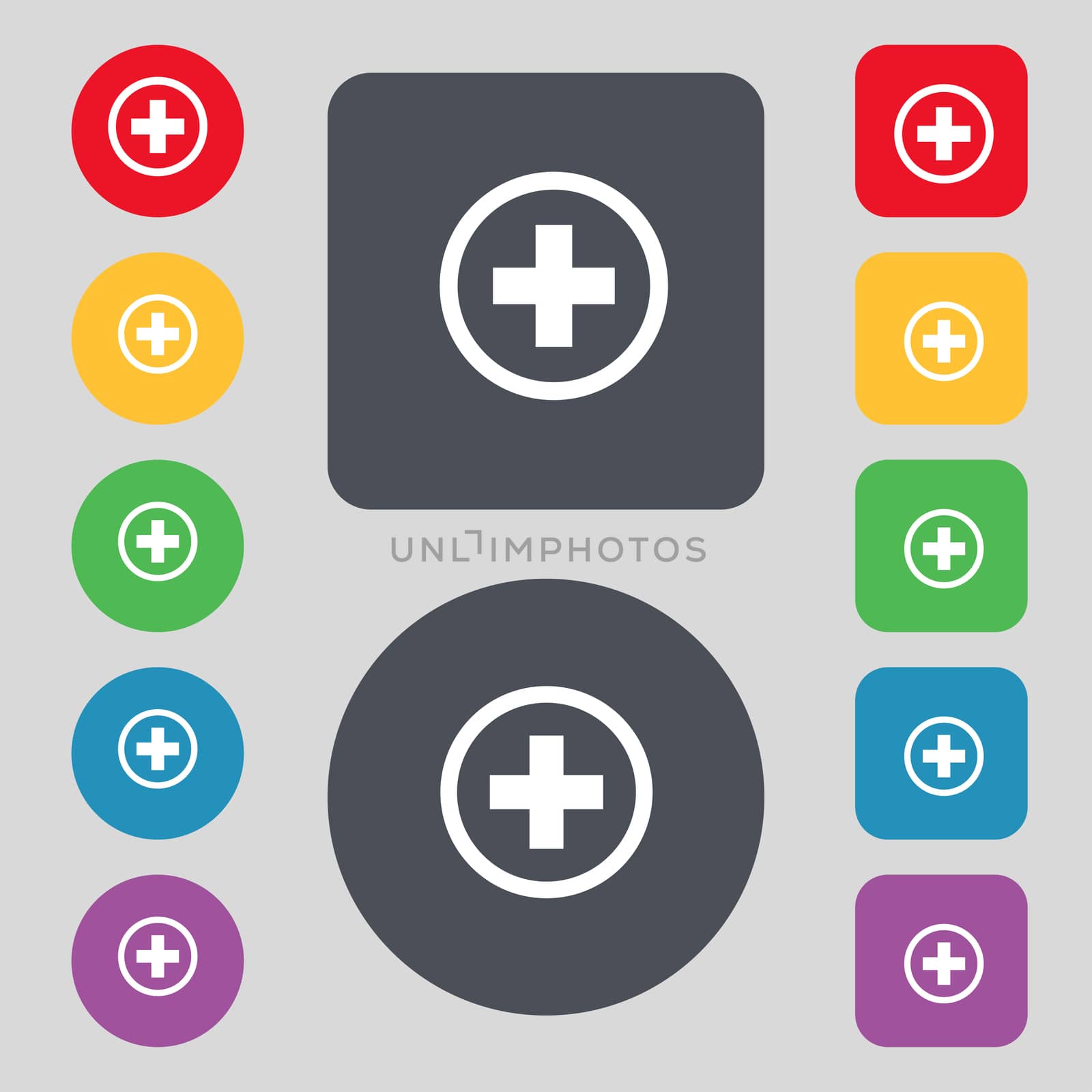 Plus sign icon. Positive symbol. Zoom in.Set colourful buttons.  by serhii_lohvyniuk