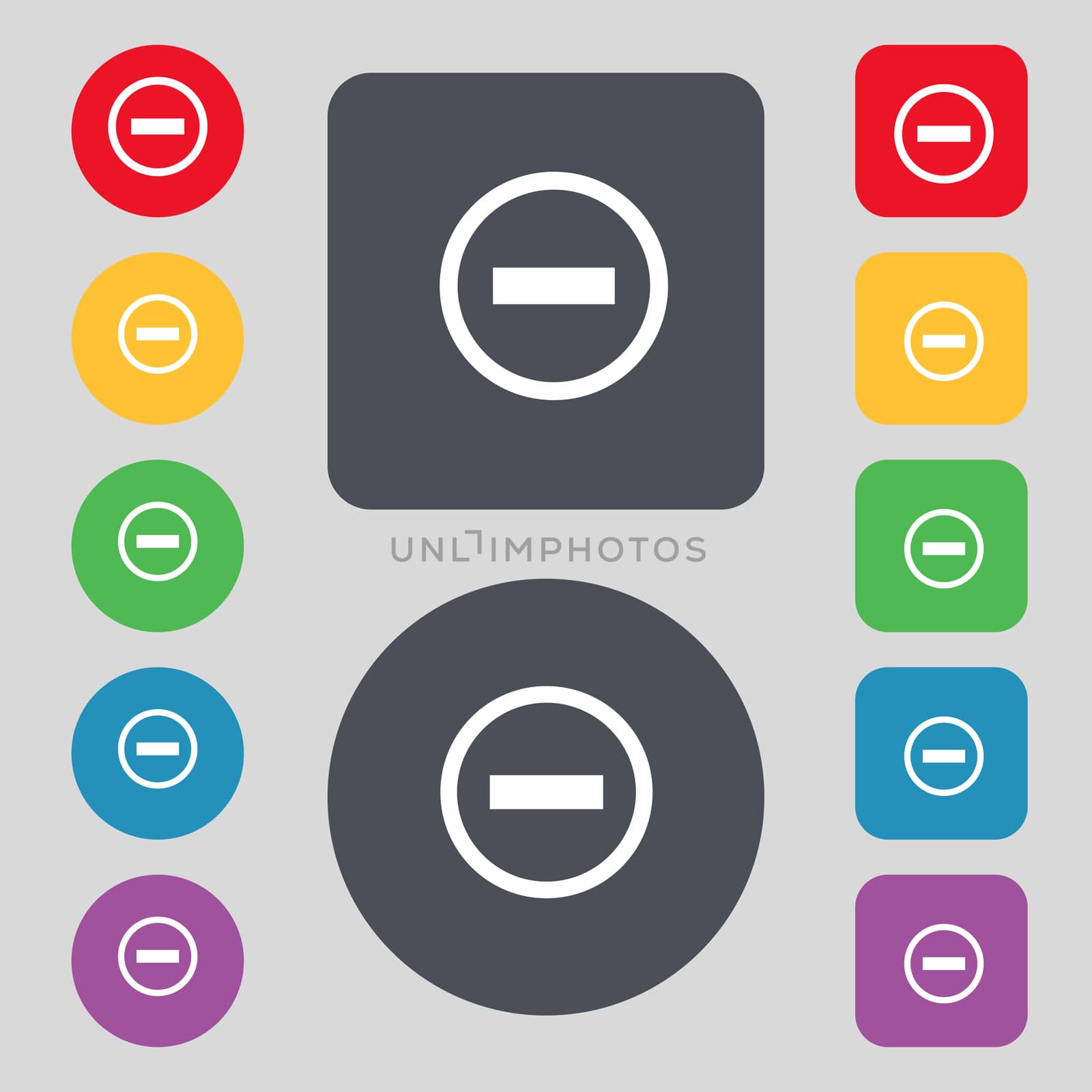 Minus sign icon. Negative symbol. Zoom out. Set colourful buttons.  by serhii_lohvyniuk