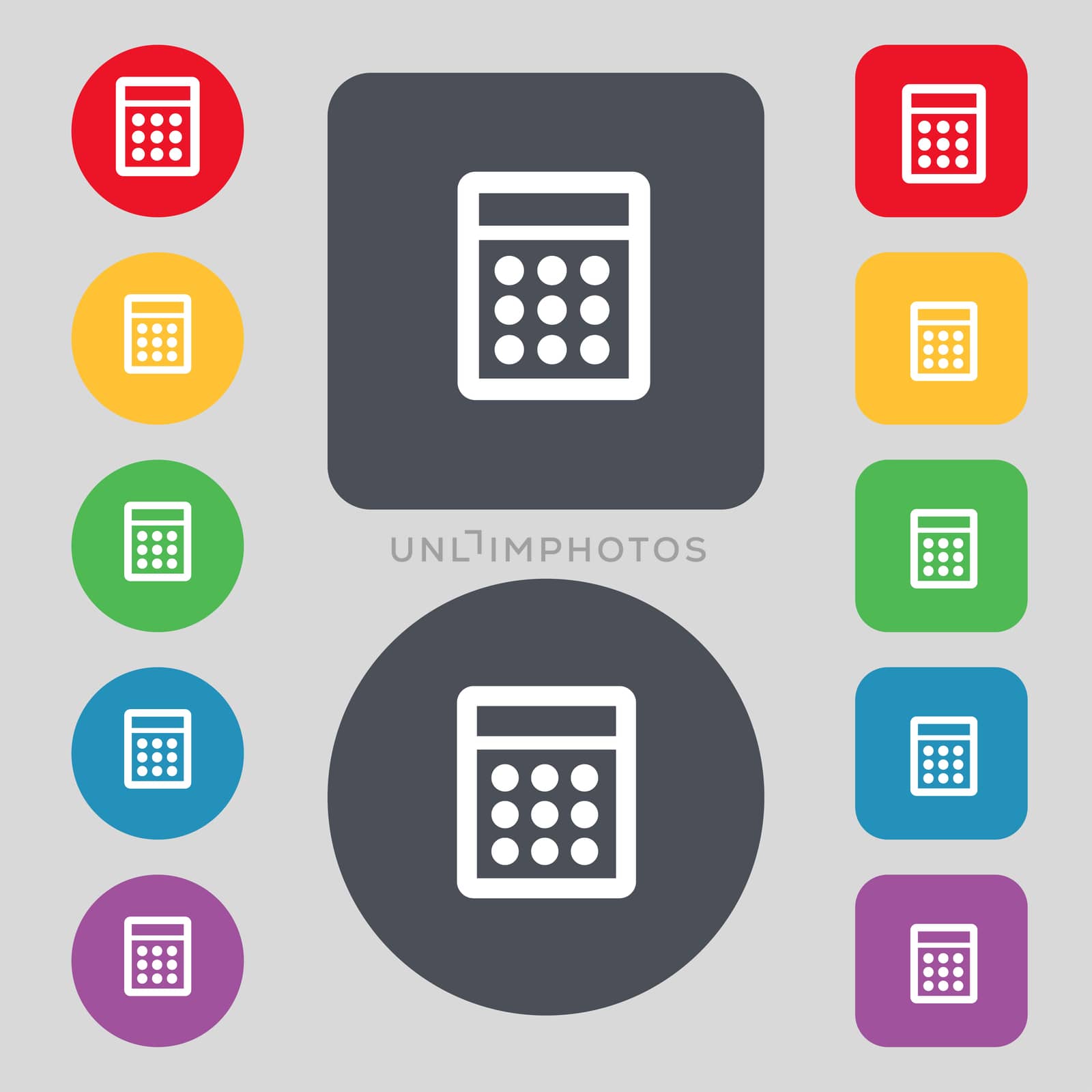 Calculator sign icon. Bookkeeping symbol. Set colour buttons.  by serhii_lohvyniuk