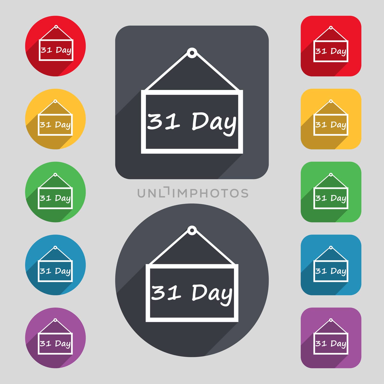 Calendar day, 31 days icon sign. A set of 12 colored buttons and a long shadow. Flat design. 