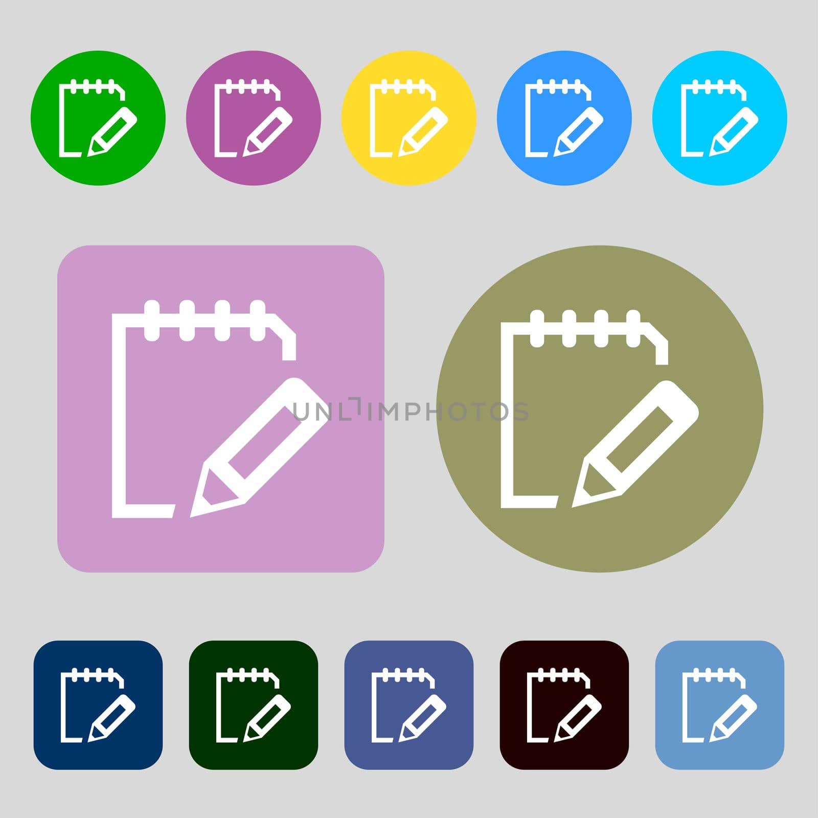 Edit document sign icon.12 colored buttons. Flat design. illustration