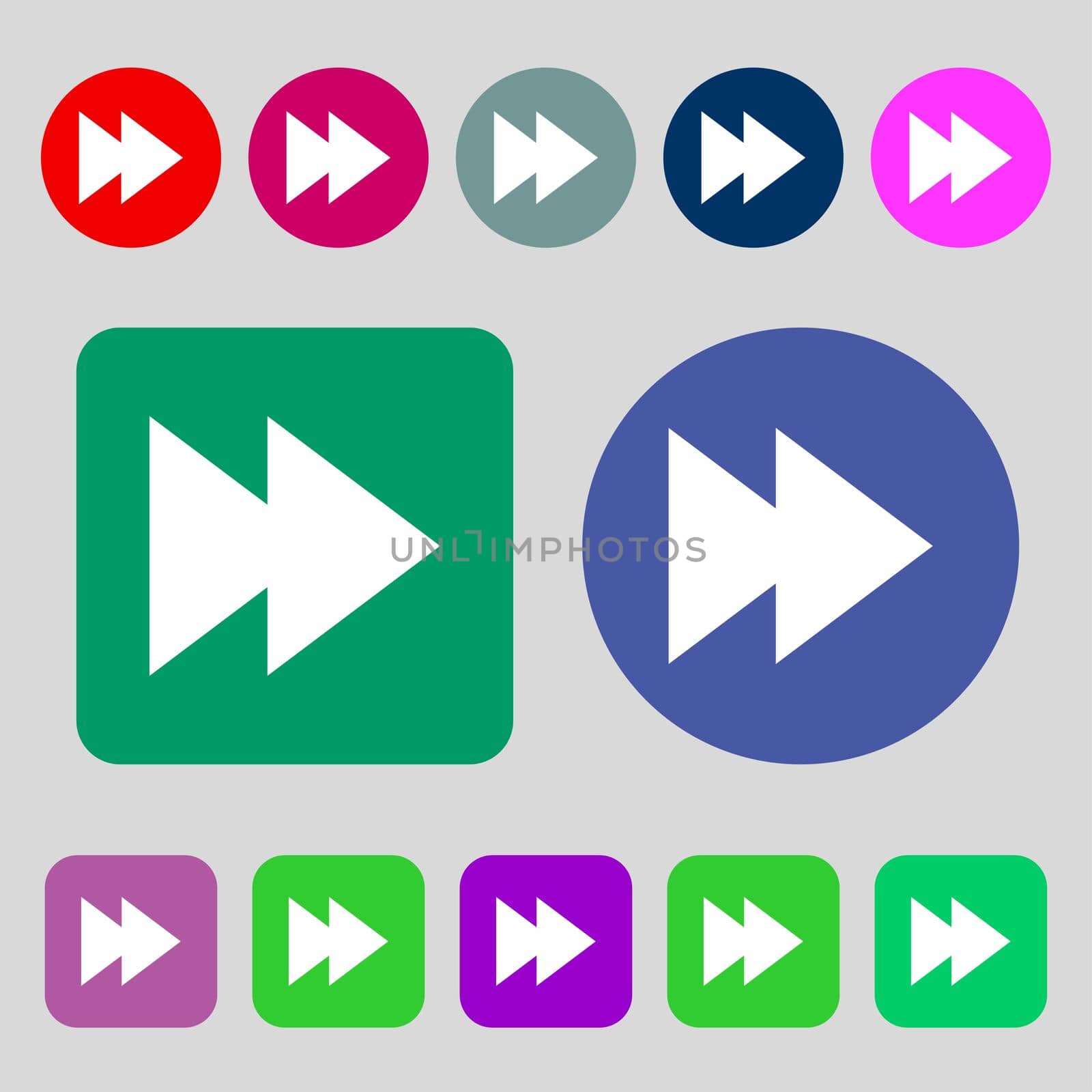 multimedia sign icon. Player navigation symbol. 12 colored buttons. Flat design.  by serhii_lohvyniuk