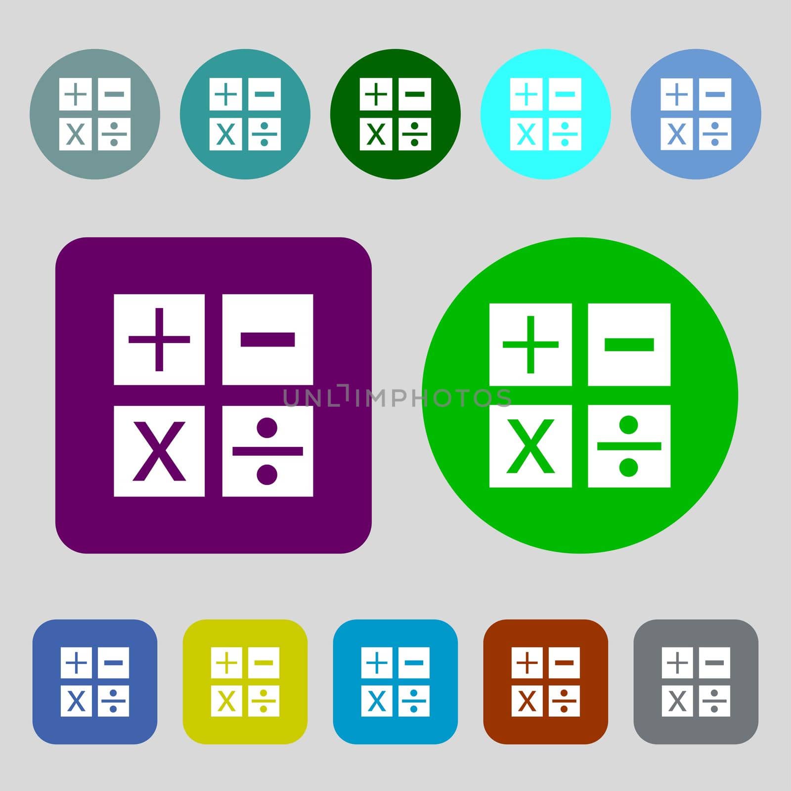 Multiplication, division, plus, minus icon Math symbol Mathematics.12 colored buttons. Flat design. illustration