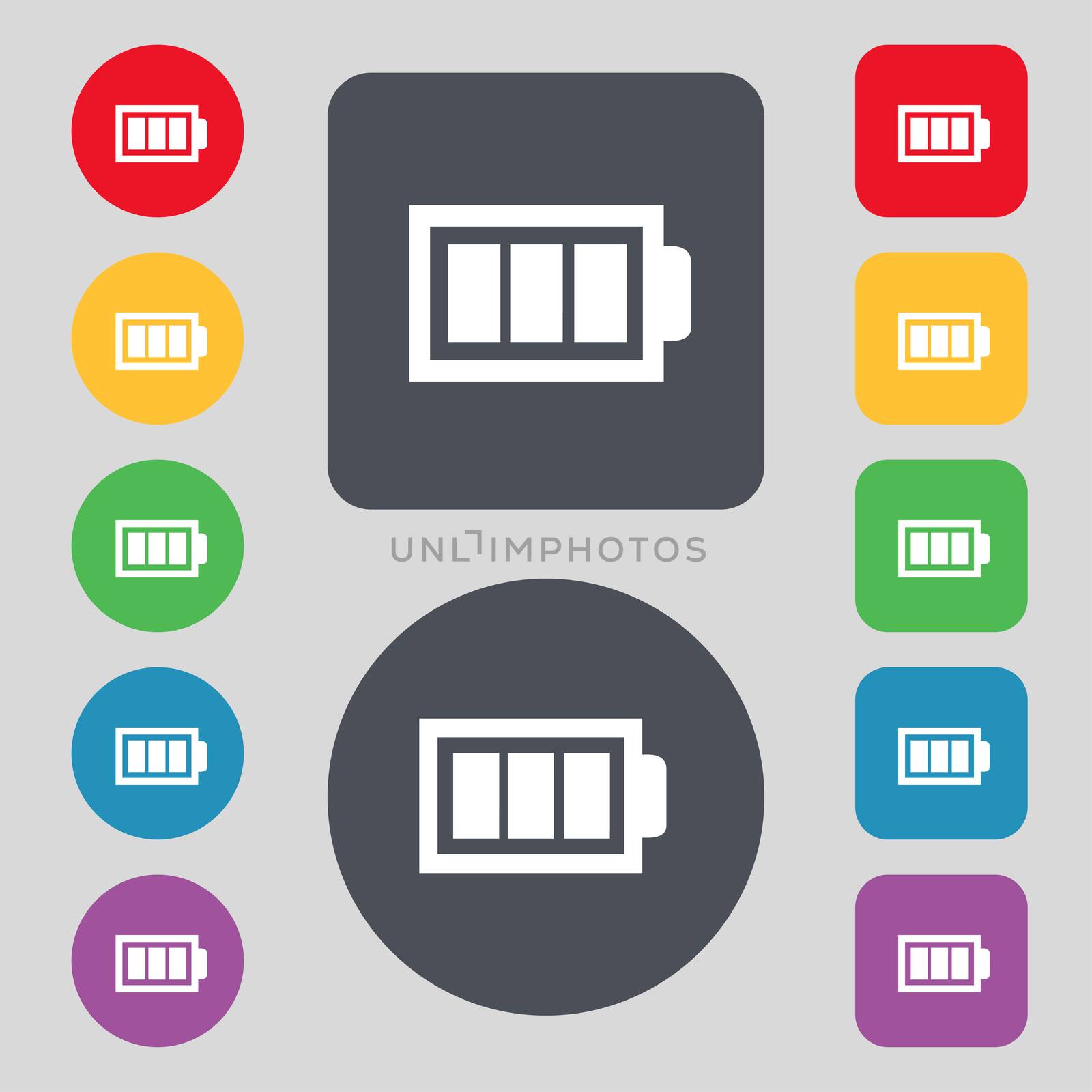 Battery fully charged sign icon. Electricity symbol. Set of colour buttons. Modern interface website button illustration