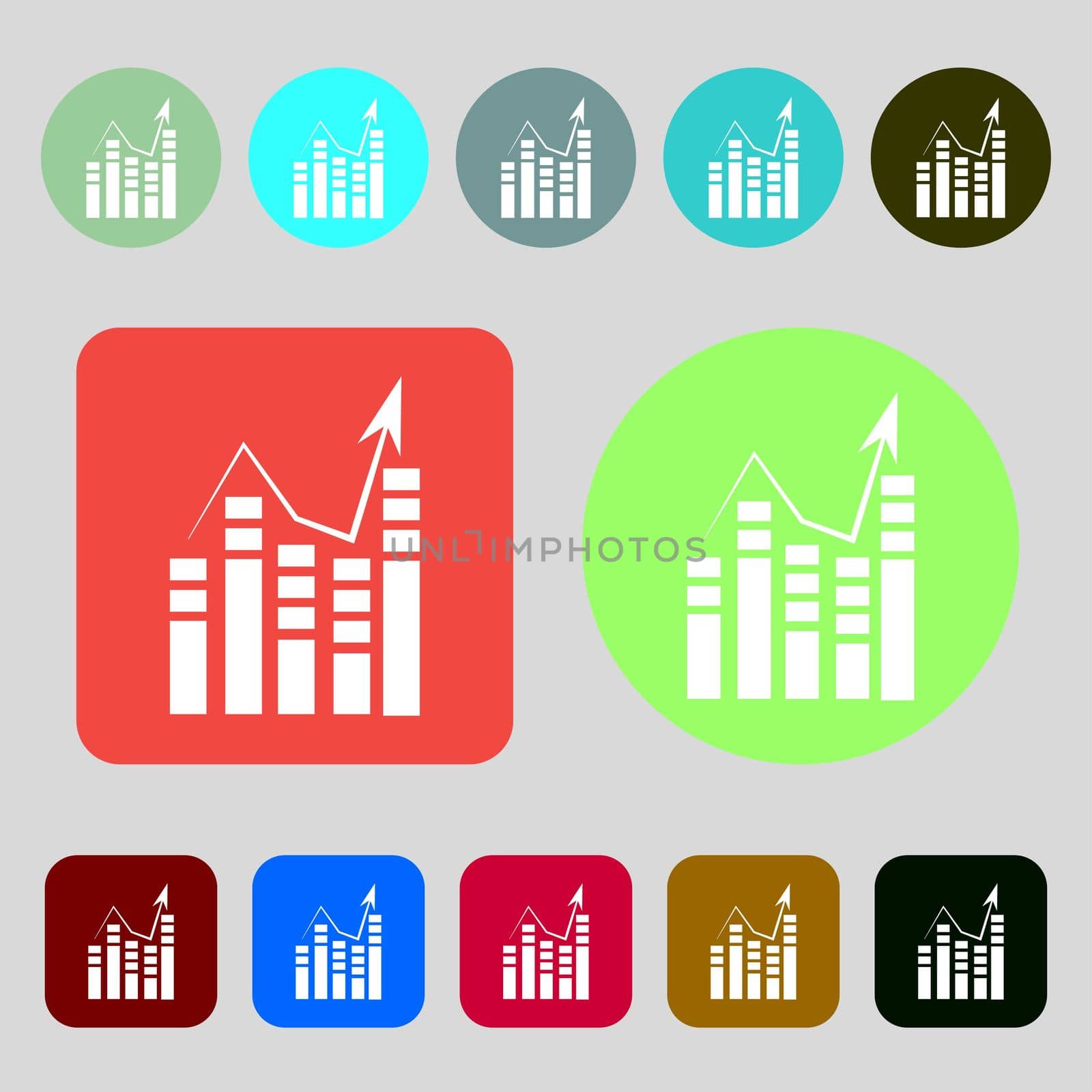 Text file sign icon. Add File document with chart symbol. Accounting symbol.12 colored buttons. Flat design. illustration