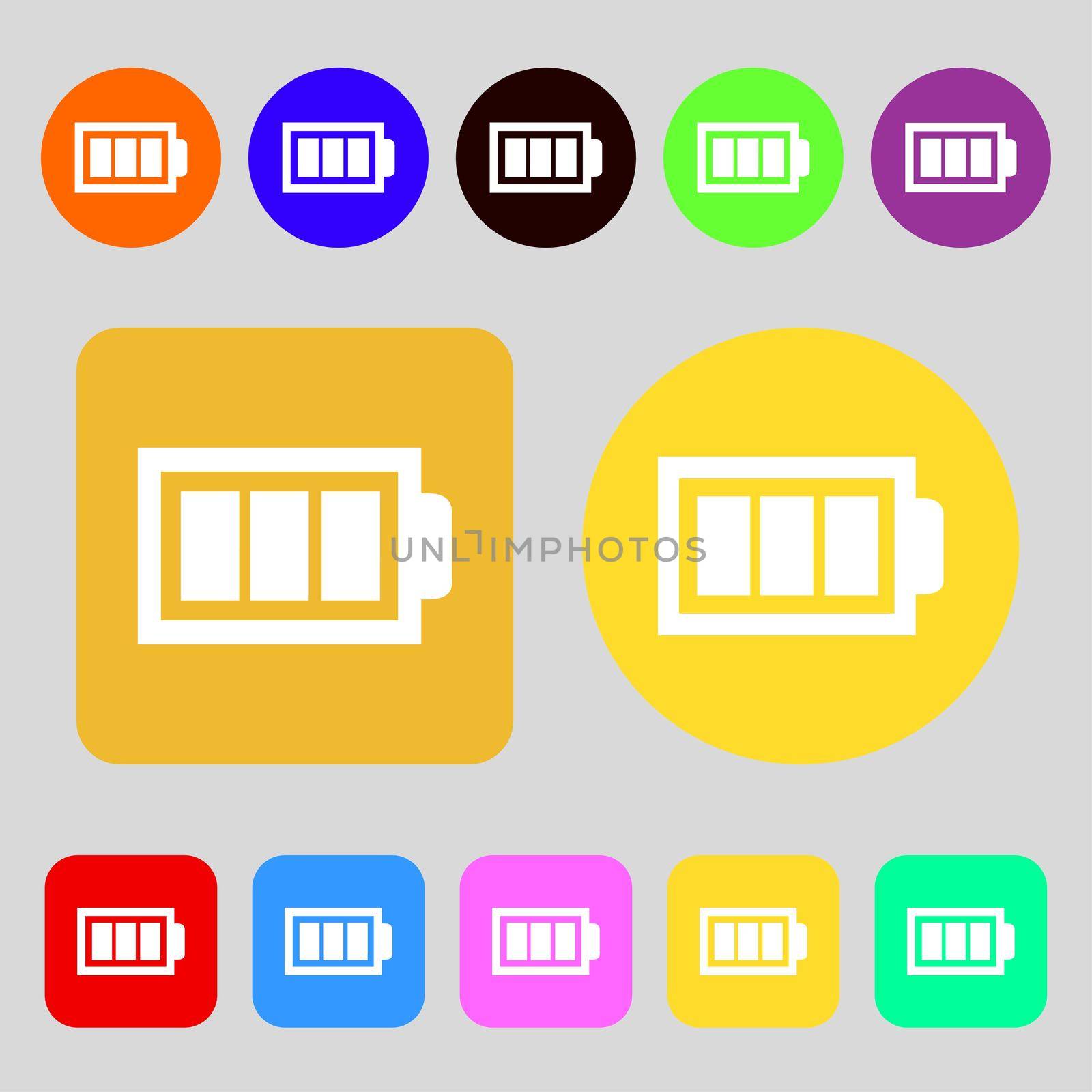 Battery fully charged sign icon. Electricity symbol. 12 colored buttons. Flat design.  by serhii_lohvyniuk
