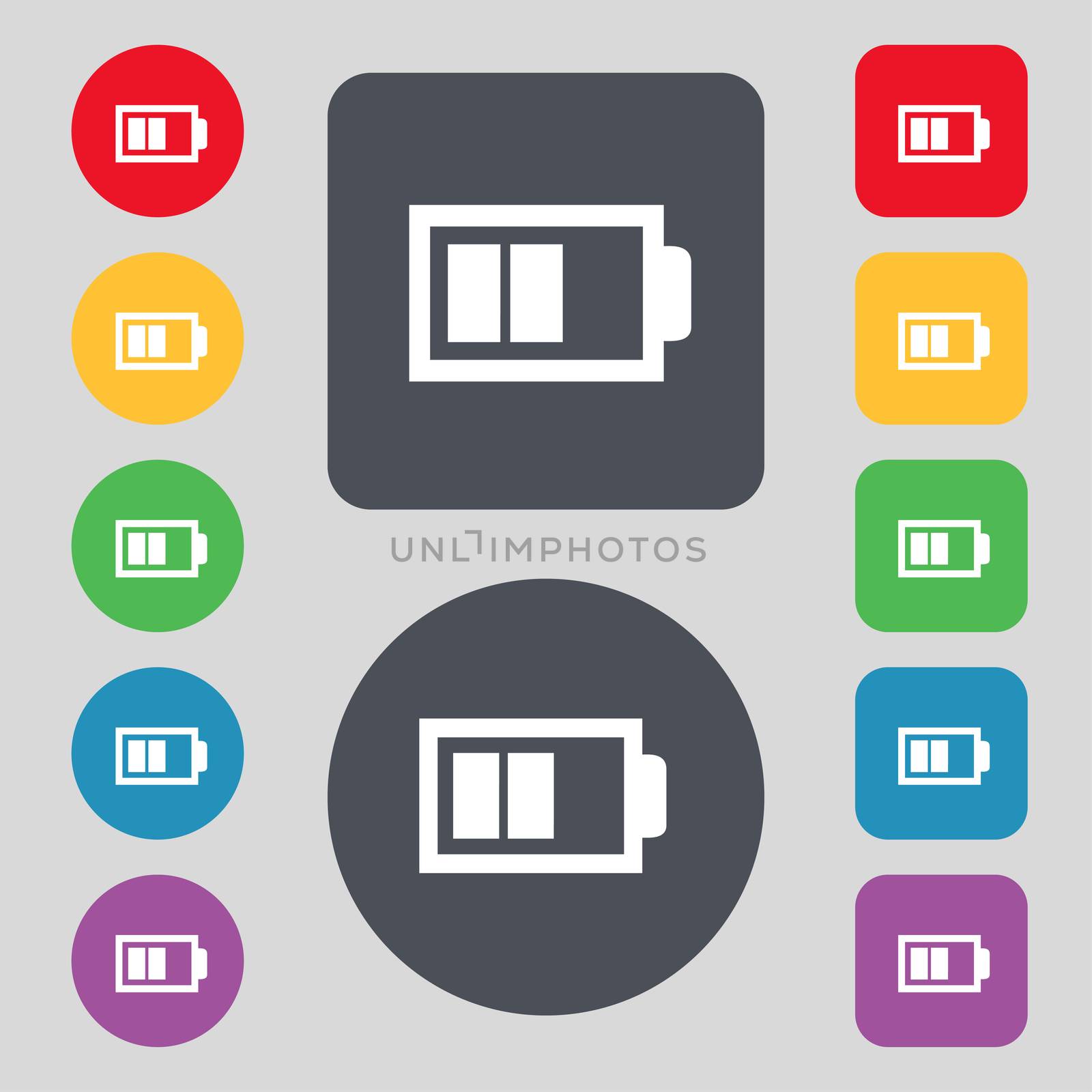 Battery half level sign icon. Low electricity symbol. Set of colour buttons. illustration