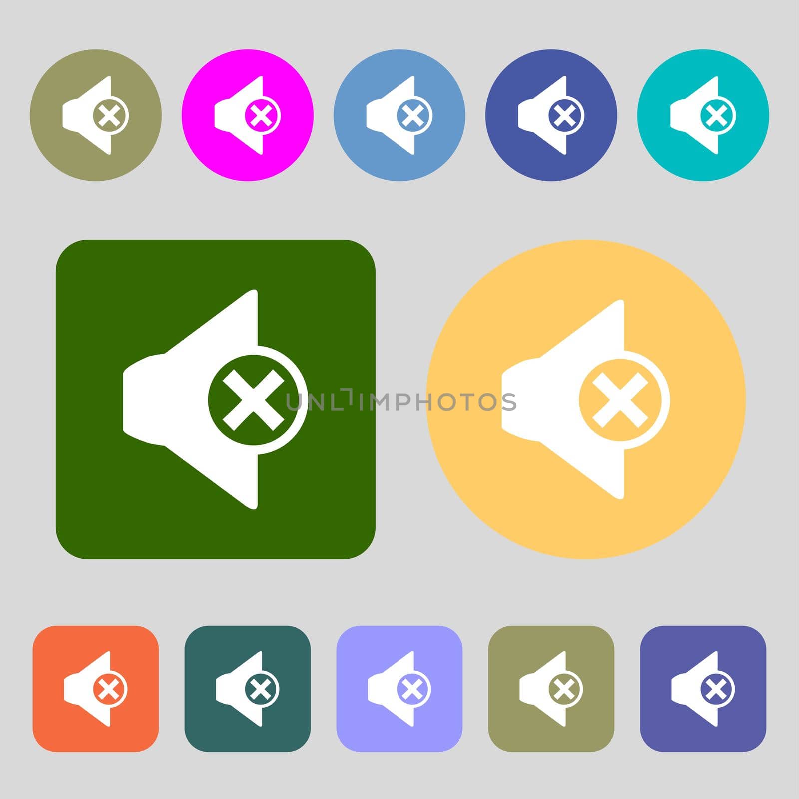 Mute speaker sign icon. Sound symbol..12 colored buttons. Flat design. illustration