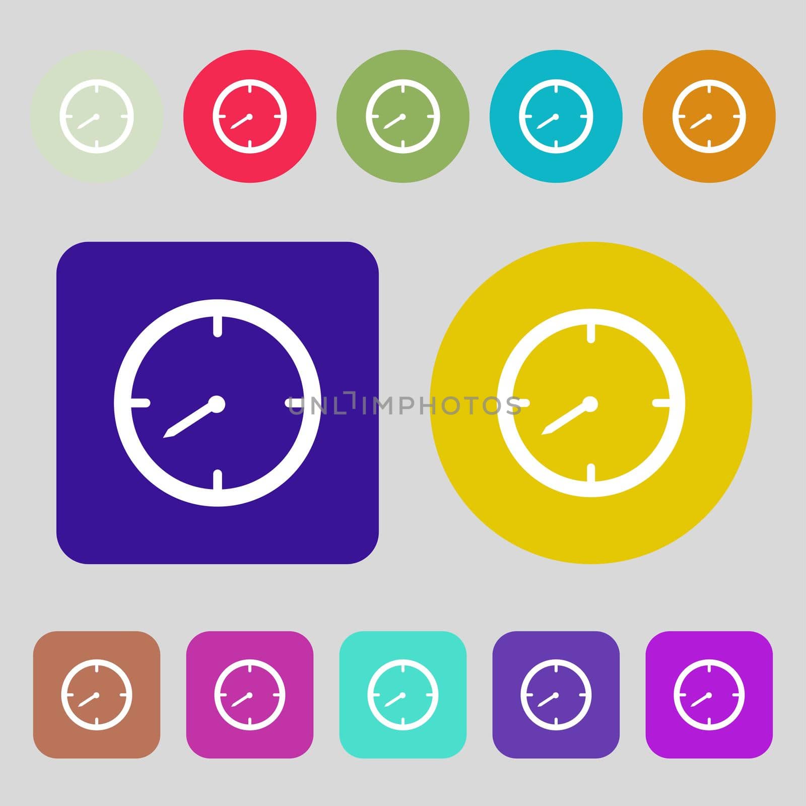 Timer sign icon. Stopwatch symbol..12 colored buttons. Flat design. illustration