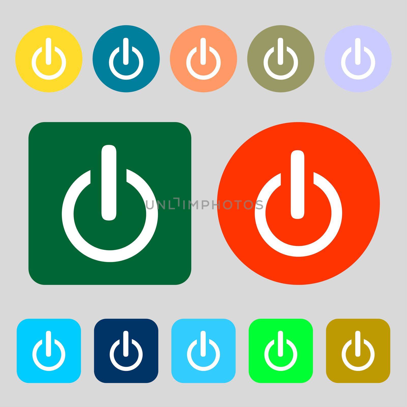 Power sign icon. Switch on symbol.12 colored buttons. Flat design. illustration