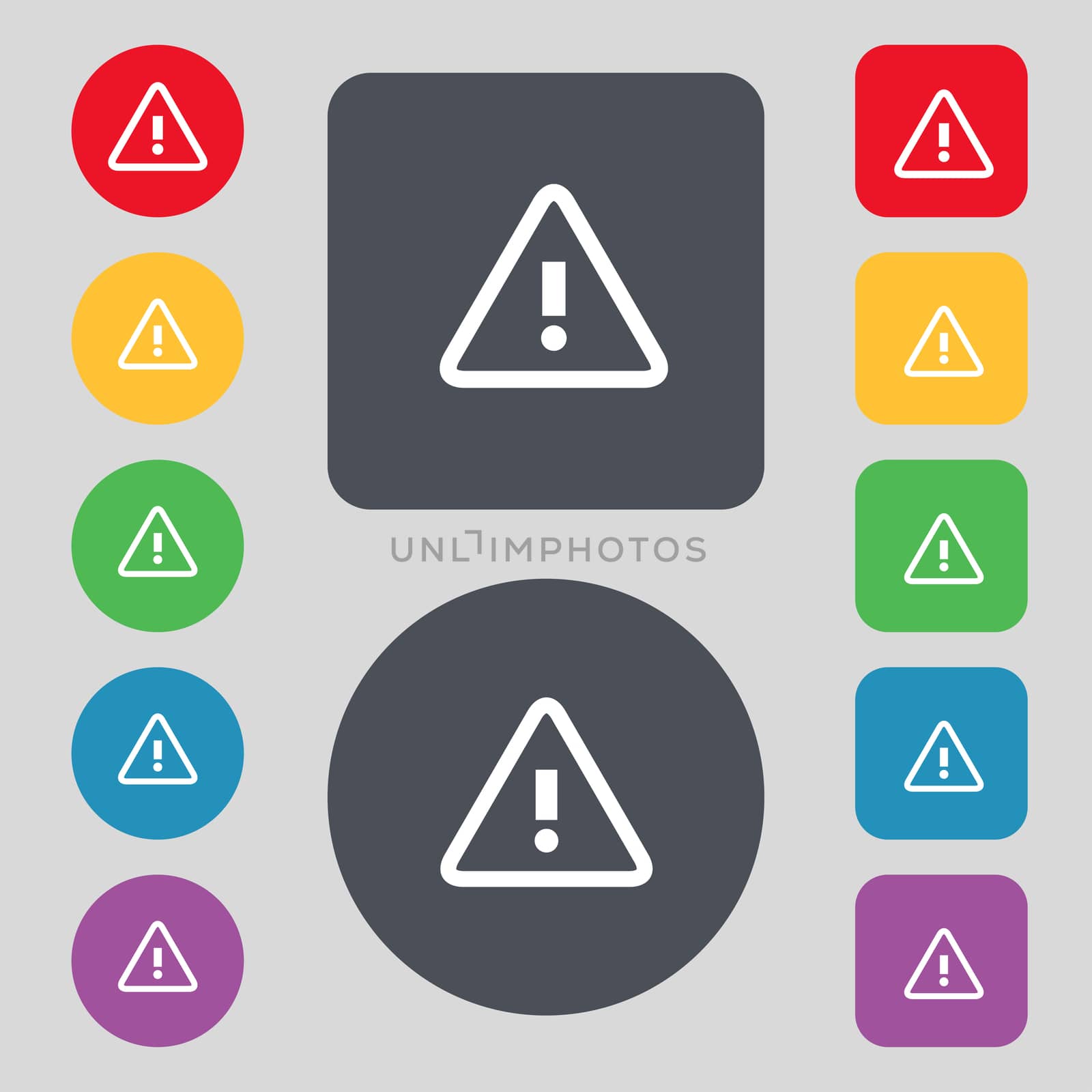 Attention caution sign icon. Exclamation mark. Hazard warning symbol. Set colour buttons illustration