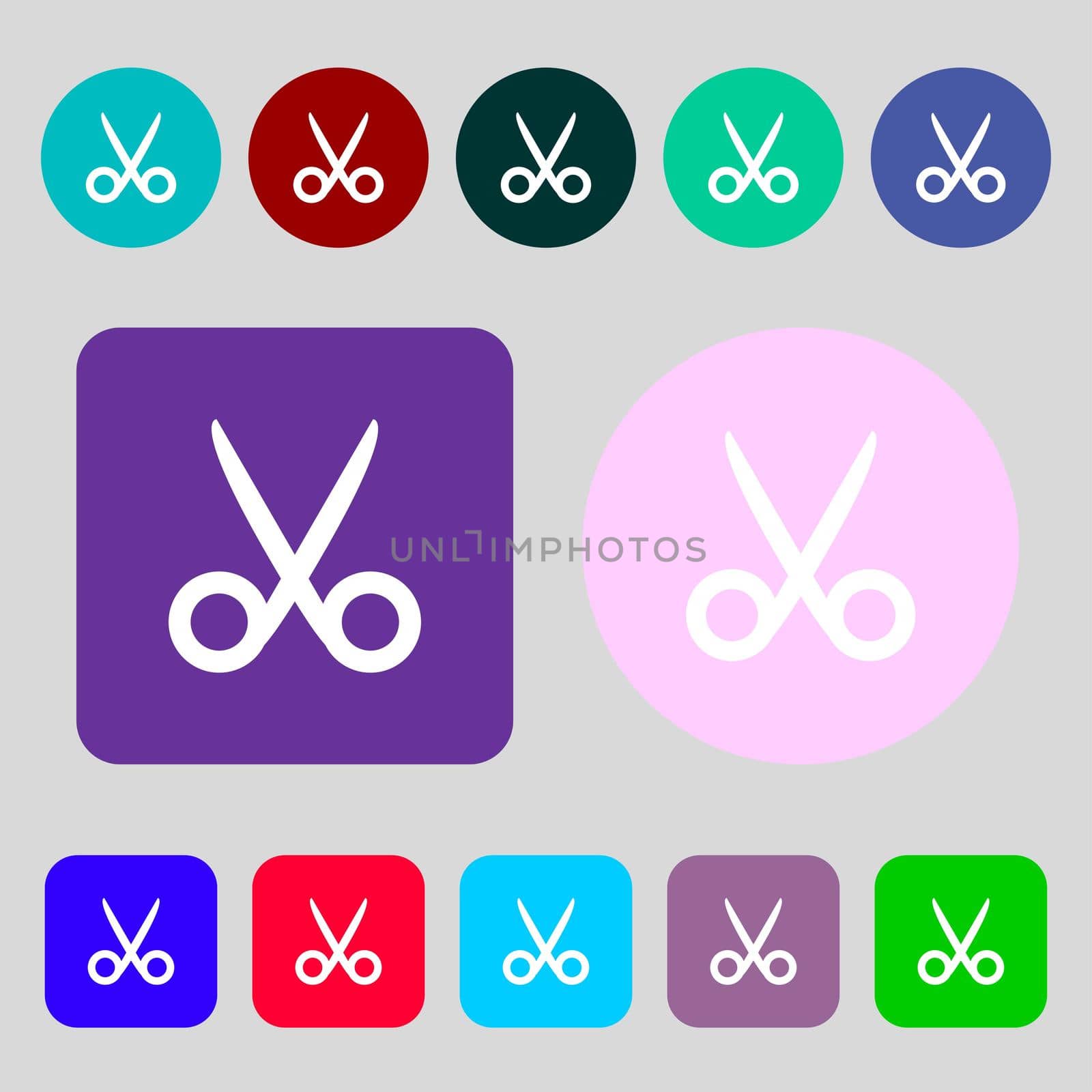 Scissors hairdresser sign icon. Tailor symbol. 12 colored buttons. Flat design.  by serhii_lohvyniuk