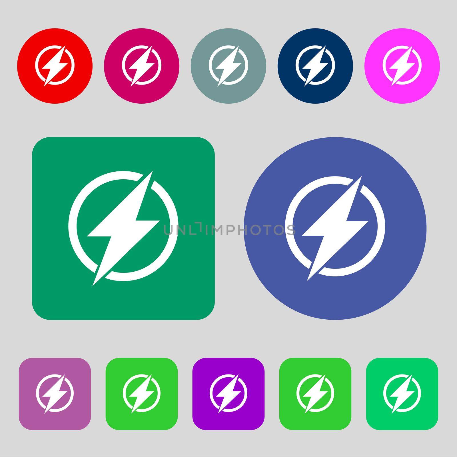 Photo flash sign icon. Lightning symbol. 12 colored buttons. Flat design.  by serhii_lohvyniuk