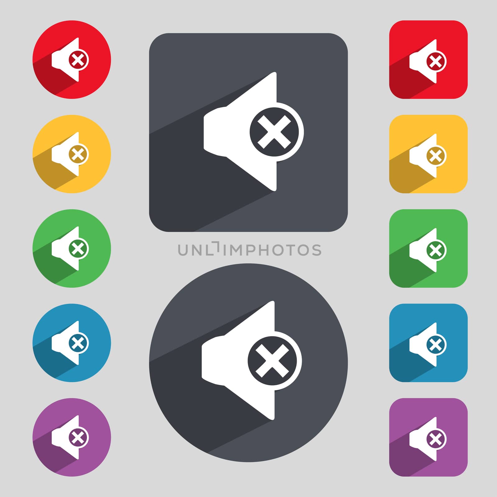 Mute speaker sign icon. Sound symbol. Set of colourful buttons.  by serhii_lohvyniuk