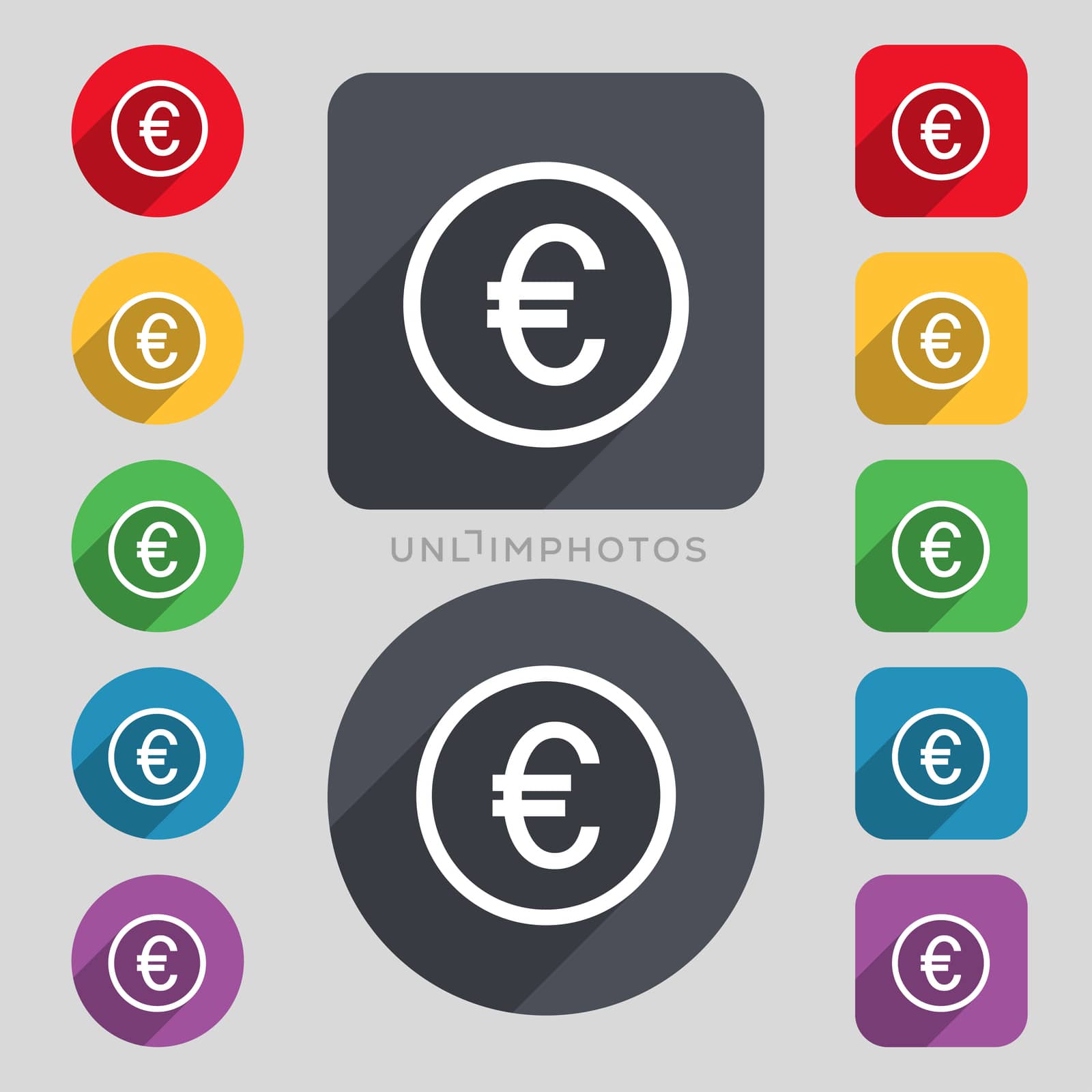 Euro icon sign. A set of 12 colored buttons and a long shadow. Flat design. 
