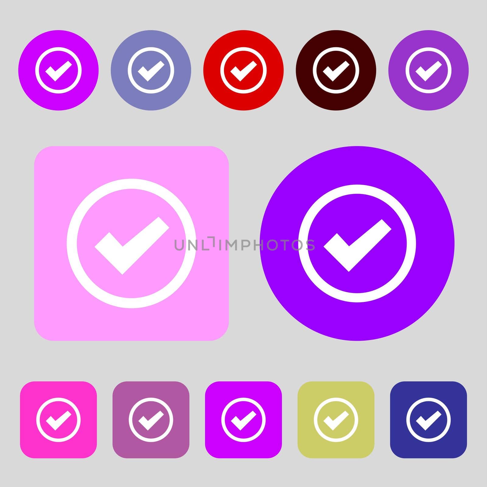 Check mark sign icon . Confirm approved symbol.12 colored buttons. Flat design. illustration