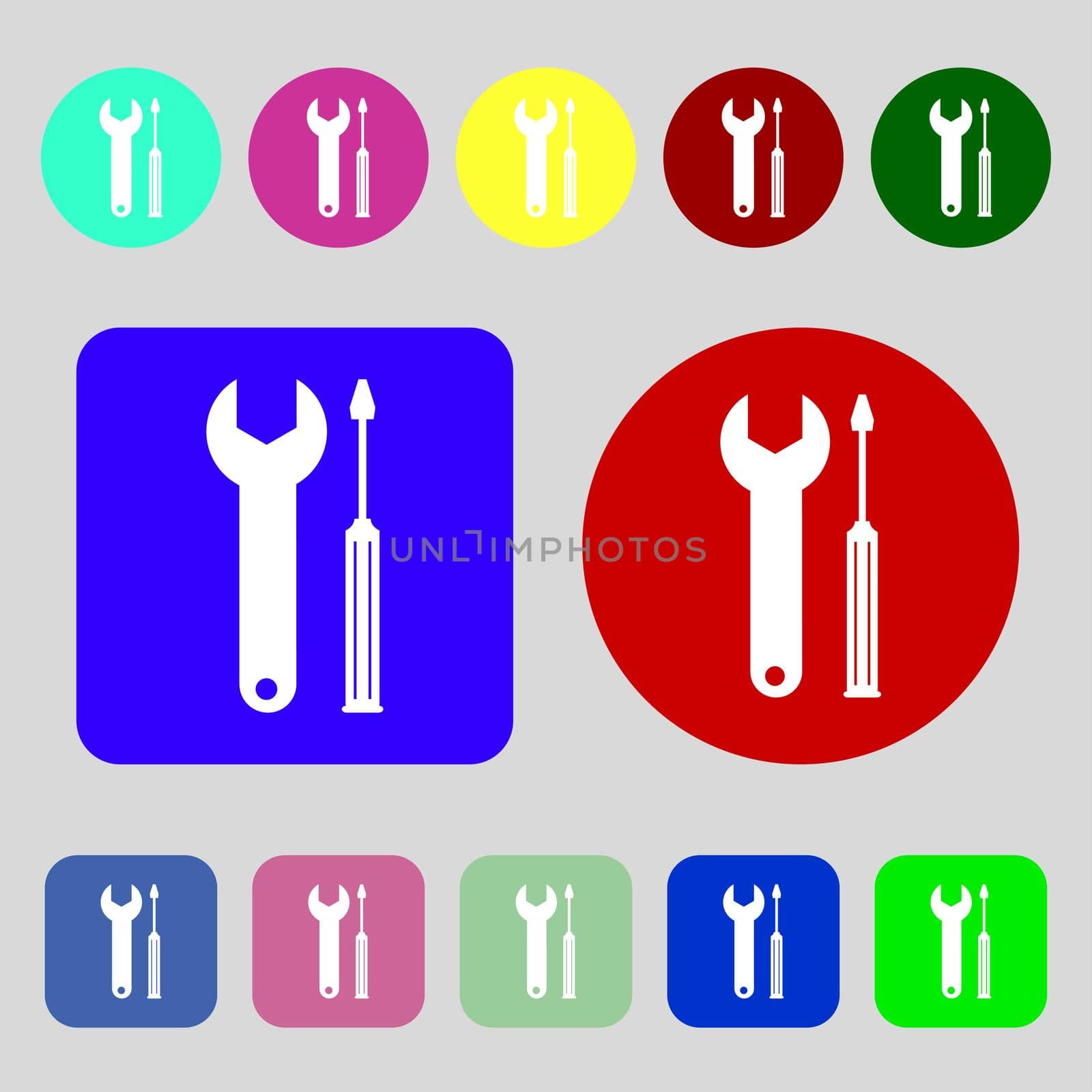 Repair tool sign icon. Service symbol. screwdriver with wrench. 12 colored buttons. Flat design.  by serhii_lohvyniuk