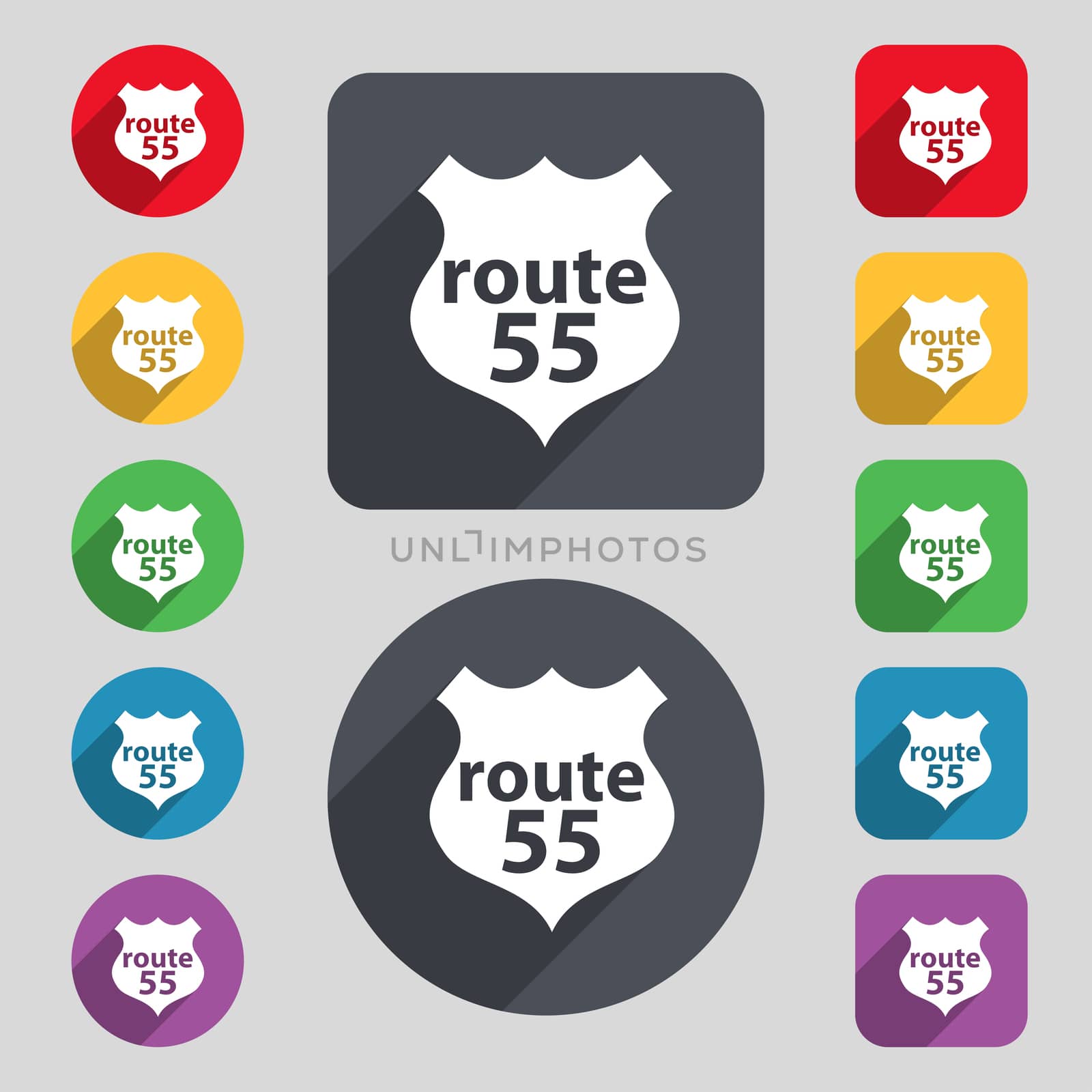Route 55 highway icon sign. A set of 12 colored buttons and a long shadow. Flat design. 
