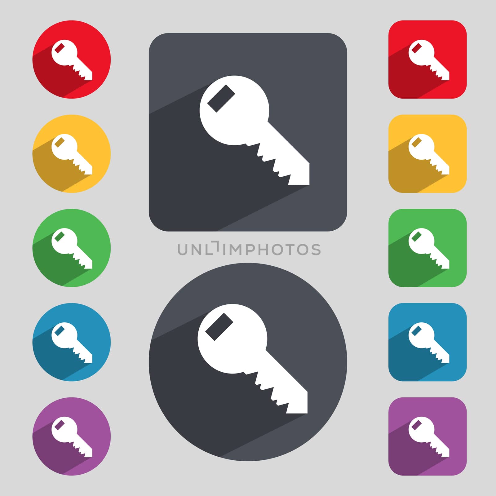 Key sign icon. Unlock tool symbol. Set of colored buttons. illustration