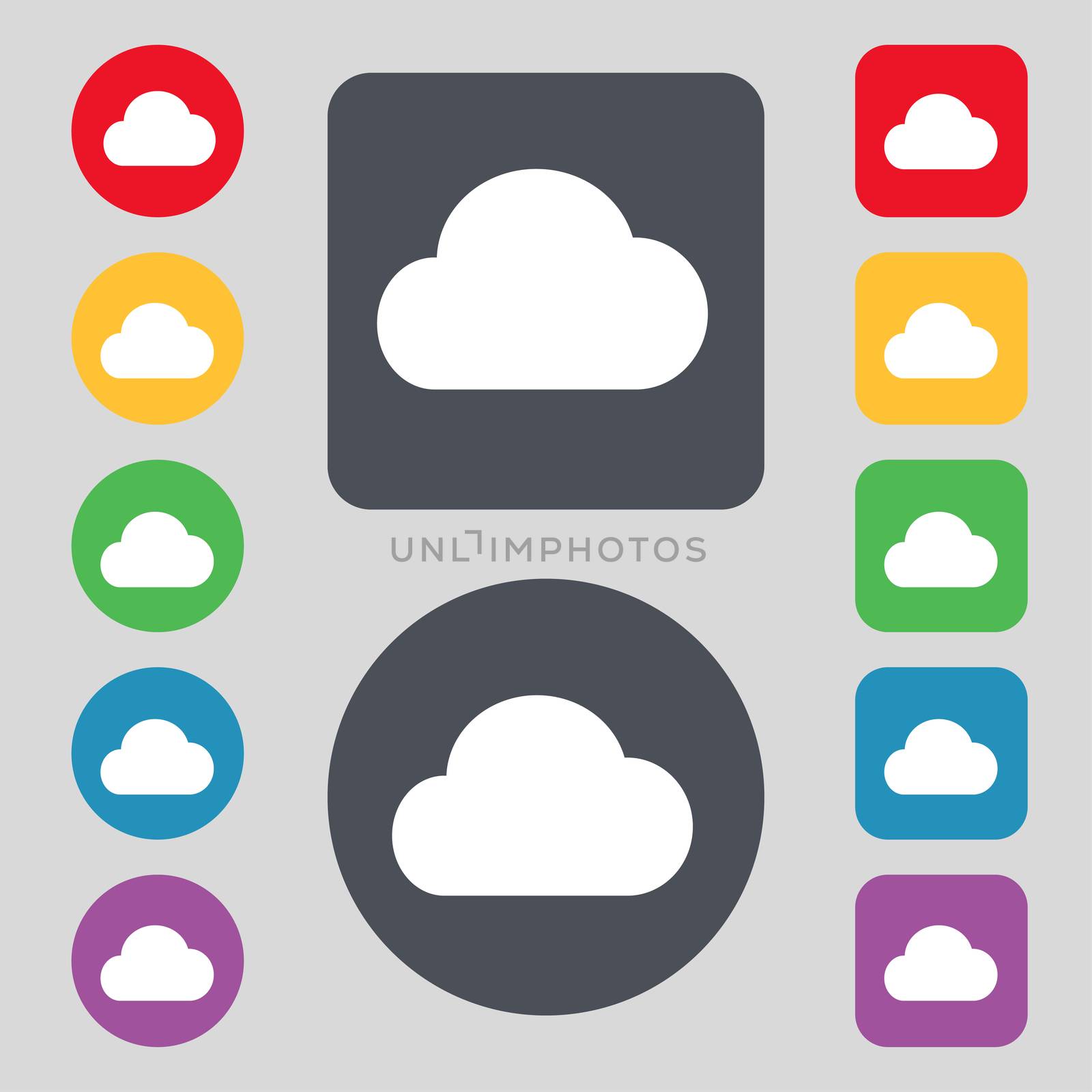 cloud icon sign. A set of 12 colored buttons. Flat design.  by serhii_lohvyniuk