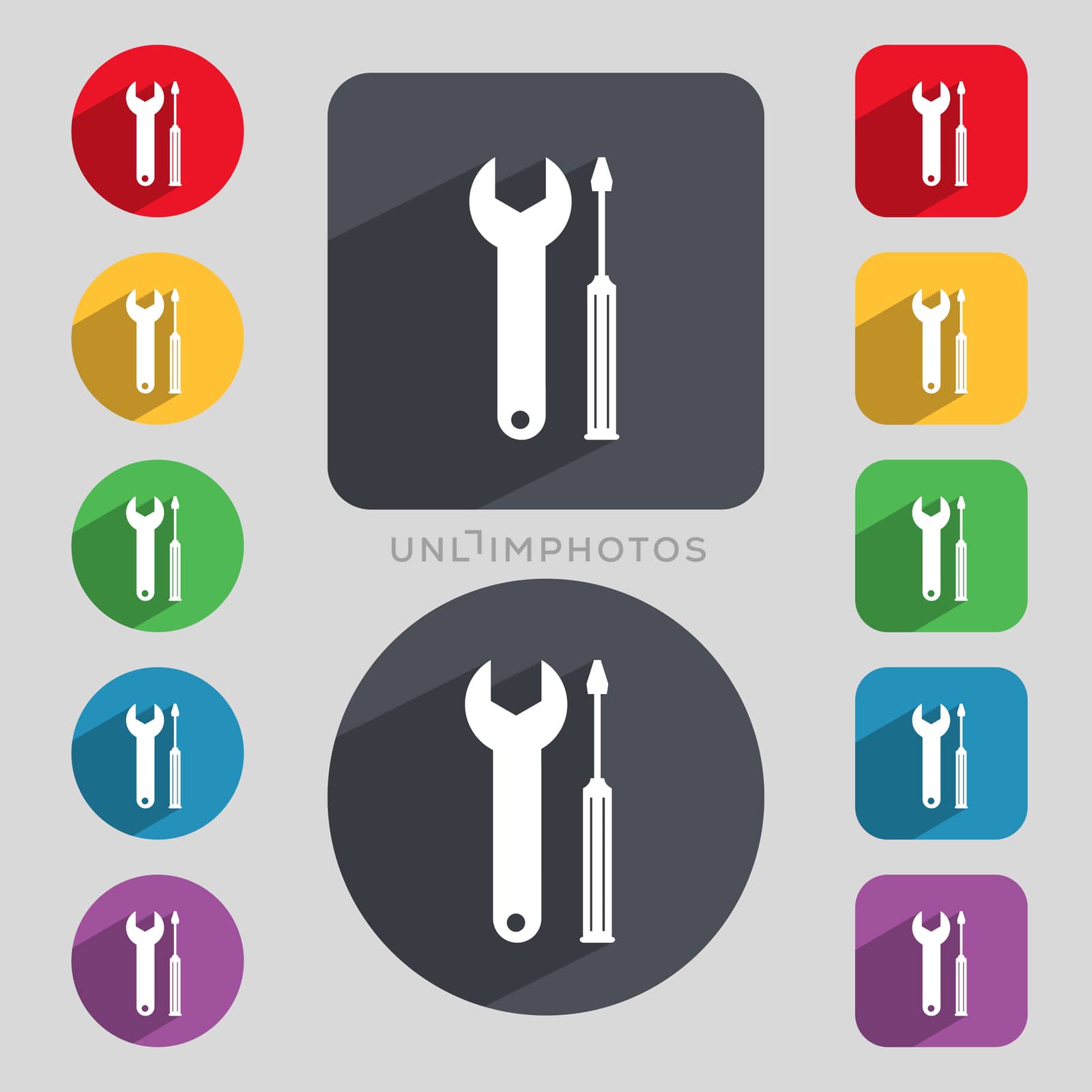 Repair tool sign icon. Service symbol. screwdriver with wrench. Set of colored buttons. illustration
