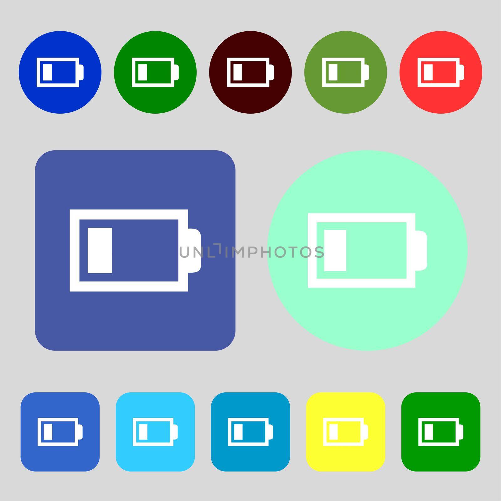 Battery low level sign icon. Electricity symbol. 12 colored buttons. Flat design.  by serhii_lohvyniuk