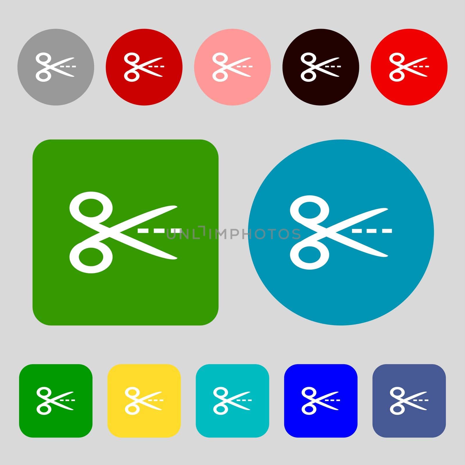 Scissors with cut dash dotted line sign icon. Tailor symbol.12 colored buttons. Flat design. illustration