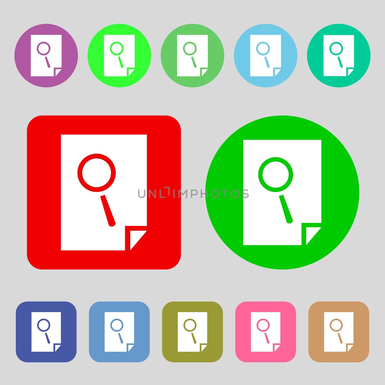 Search in file sign icon. Find in document symbol.12 colored buttons. Flat design. illustration