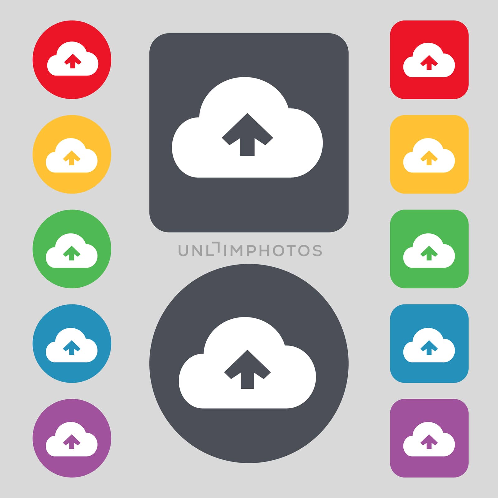 Upload from cloud icon sign. A set of 12 colored buttons. Flat design.  by serhii_lohvyniuk